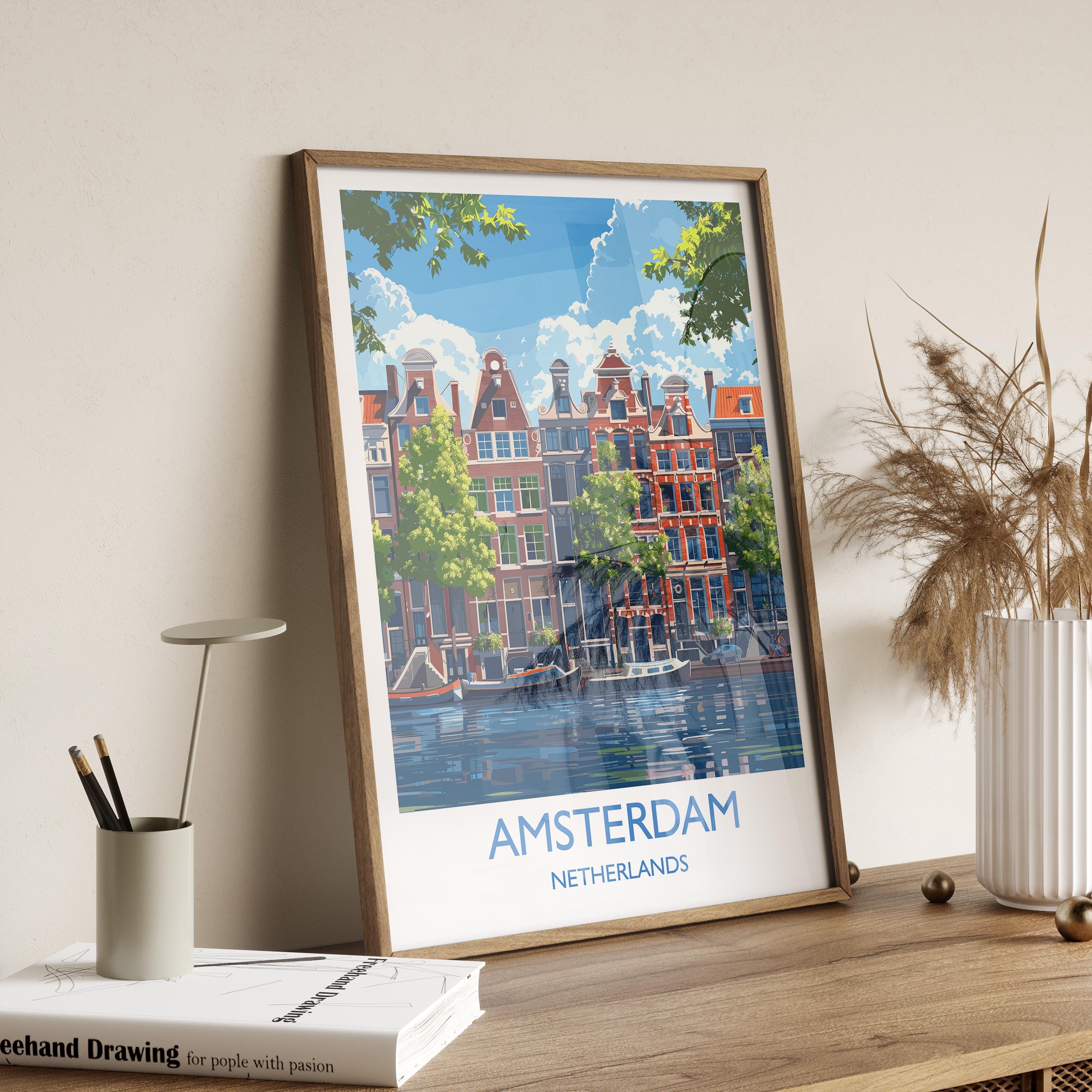 Amsterdam Travel Poster, Travel Print of Amsterdam, Netherlands, Dutch Art Lovers Gift, Wall Art Print NQ Media Designs