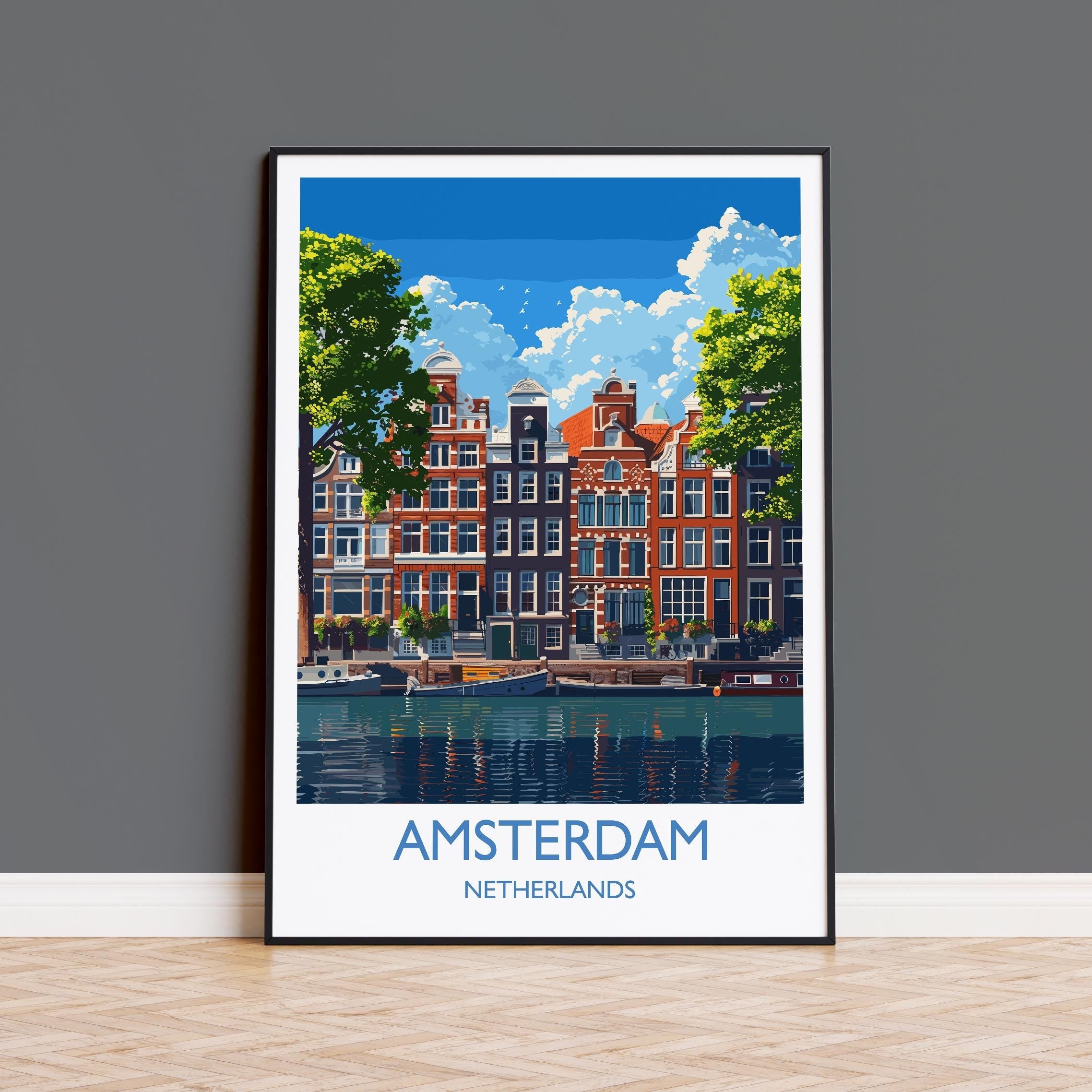 Amsterdam Travel Poster, Travel Print of Amsterdam, Netherlands, Dutch Art Lovers Gift, Wall Art Print NQ Media Designs