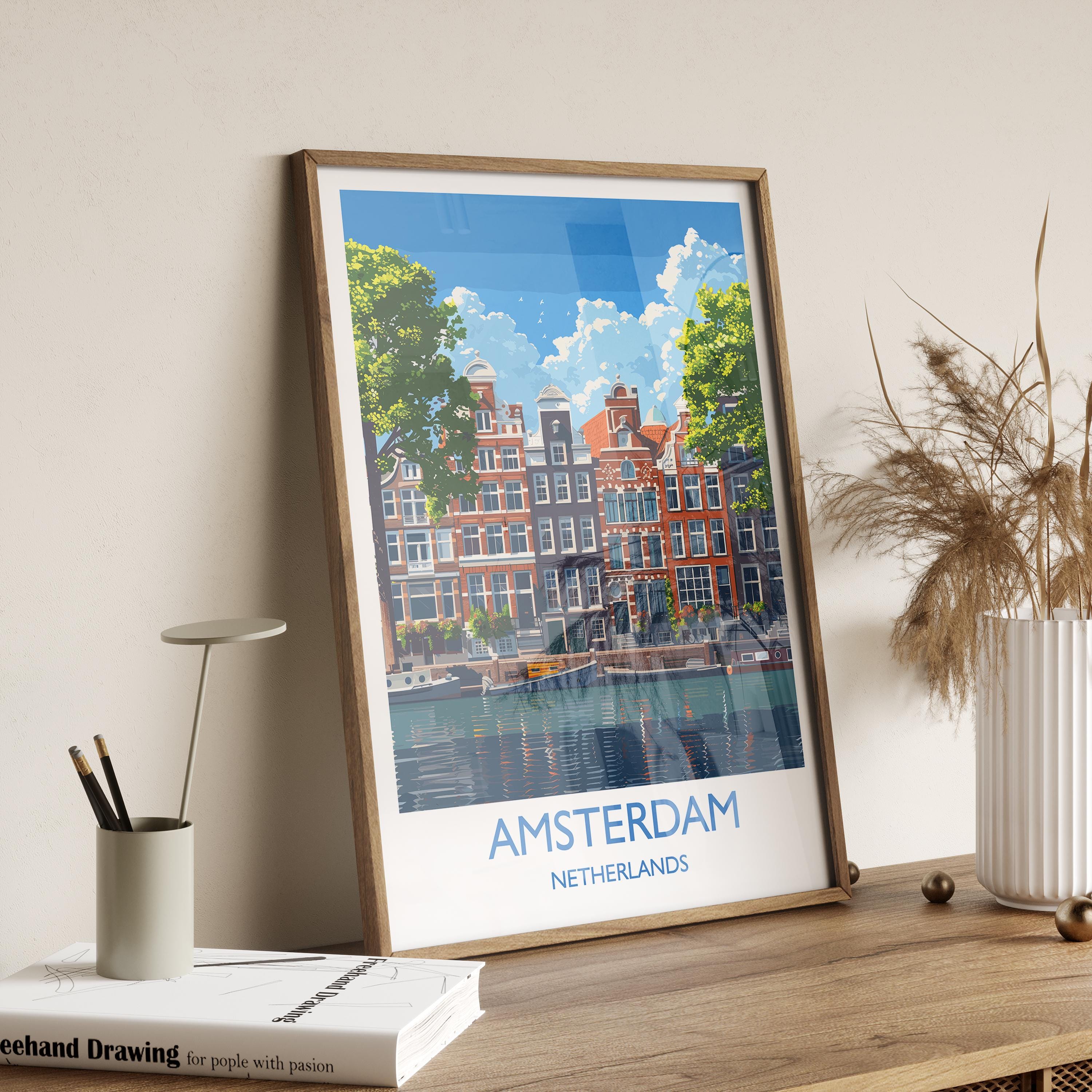Amsterdam Travel Poster, Travel Print of Amsterdam, Netherlands, Dutch Art Lovers Gift, Wall Art Print NQ Media Designs