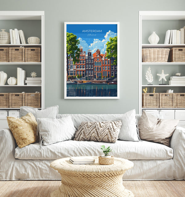 Amsterdam Travel Print, Travel Poster of Amsterdam, Netherlands, Dutch Art Lovers Gift, Wall Art Print