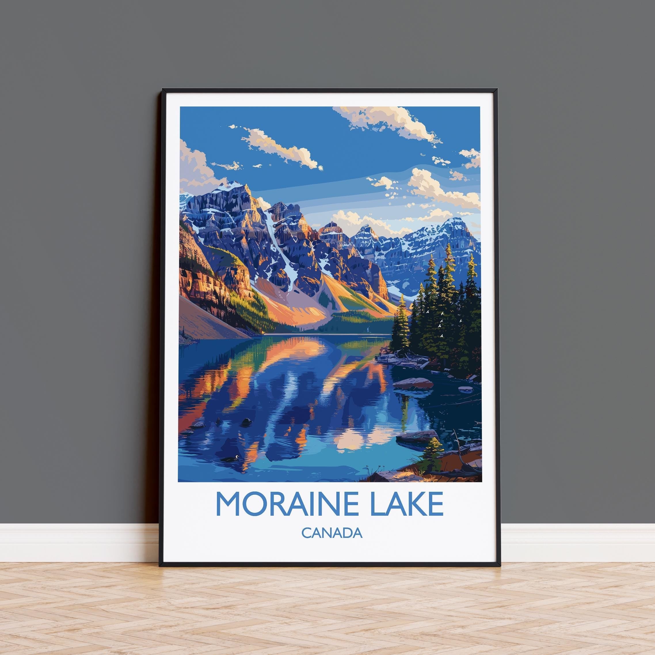 Moraine Lake Travel Print, Travel Poster of Lake Moraine, Canada Alberta Gift, Vancouver Art Lovers Gift, Canada Gift Art, Wall Art Print NQ Media Designs