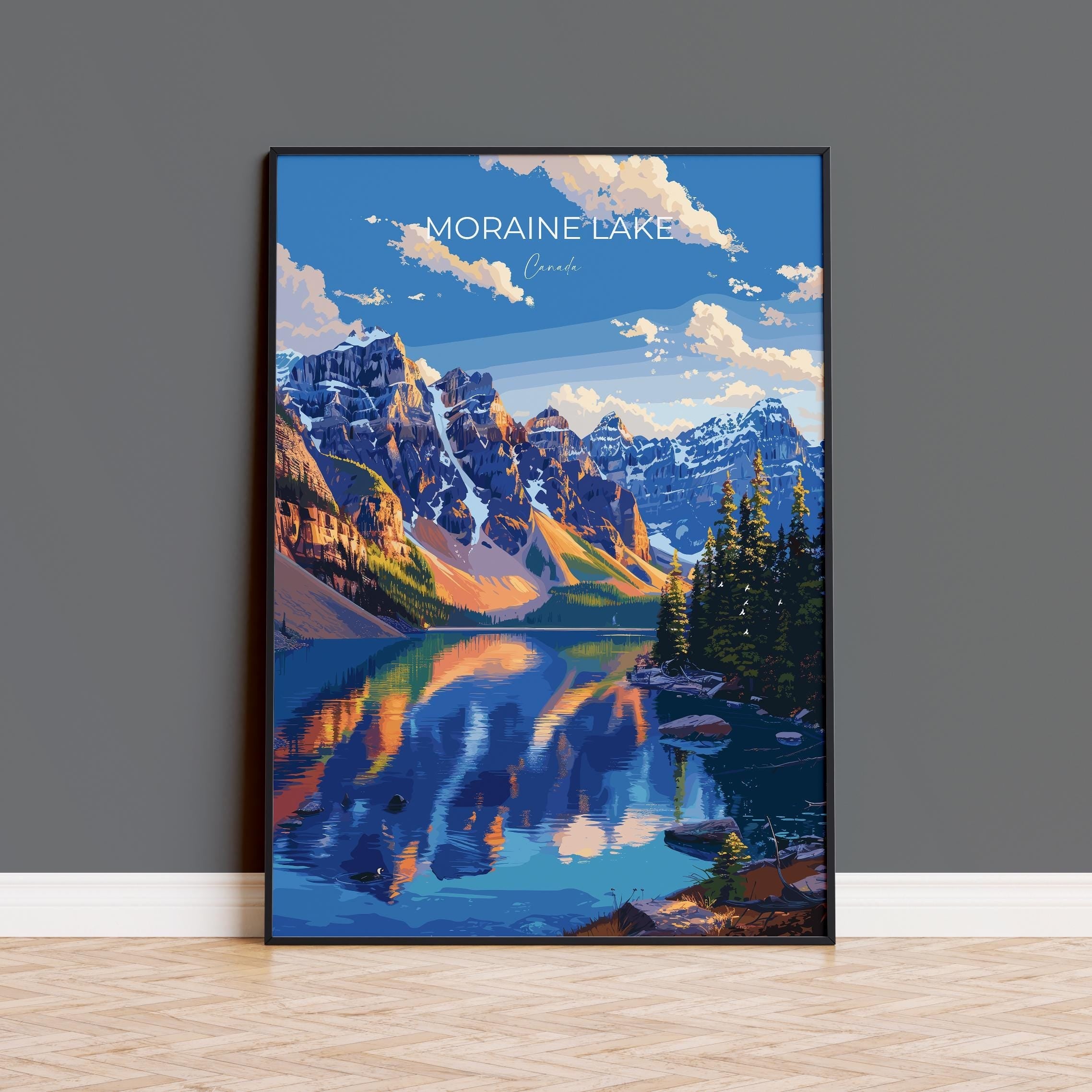 Moraine Lake Travel Poster, Travel Print of Lake Moraine, Canada Alberta Gift, Vancouver Art Lovers Gift, Canada Gift Art, Wall Art Print NQ Media Designs