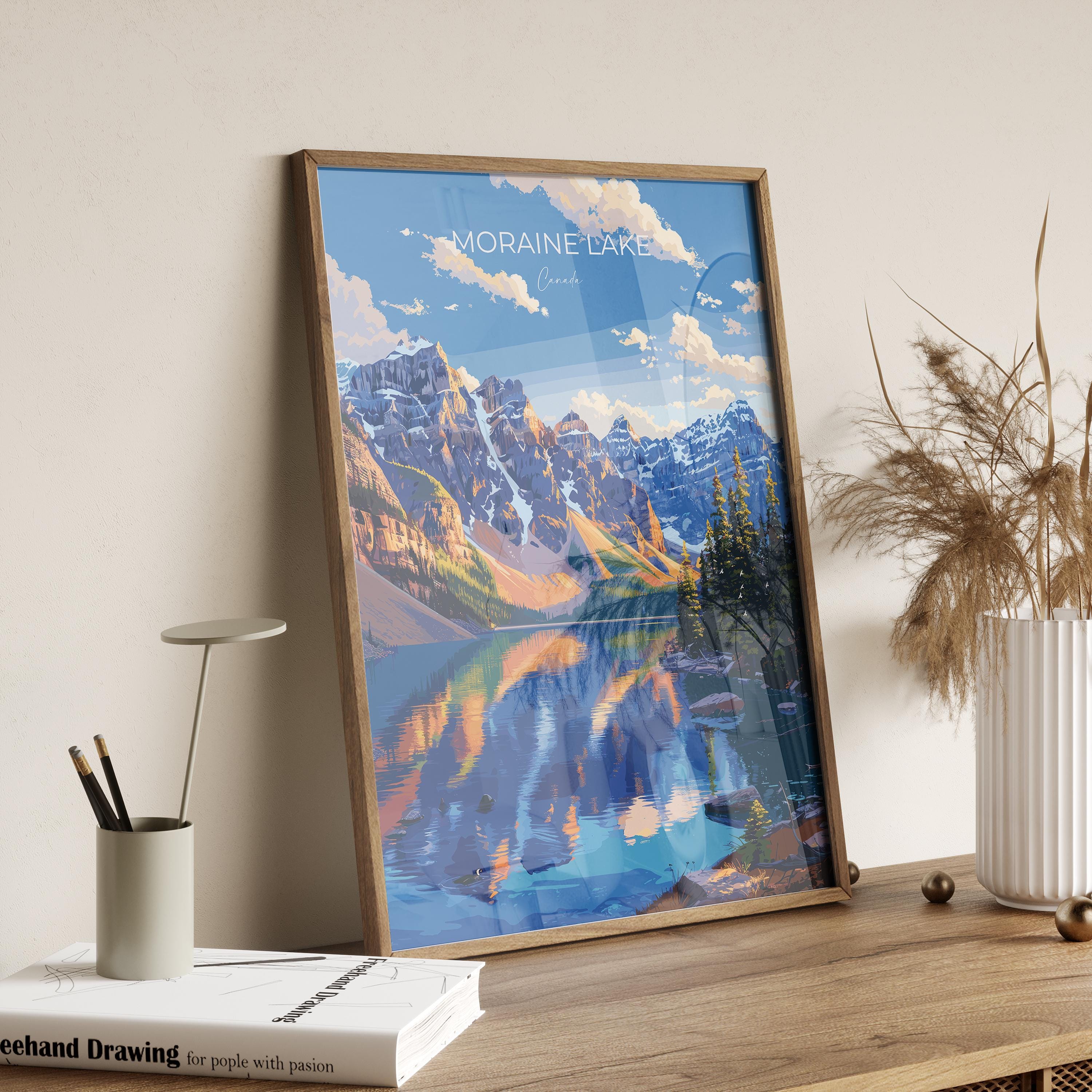 Moraine Lake Travel Poster, Travel Print of Lake Moraine, Canada Alberta Gift, Vancouver Art Lovers Gift, Canada Gift Art, Wall Art Print NQ Media Designs