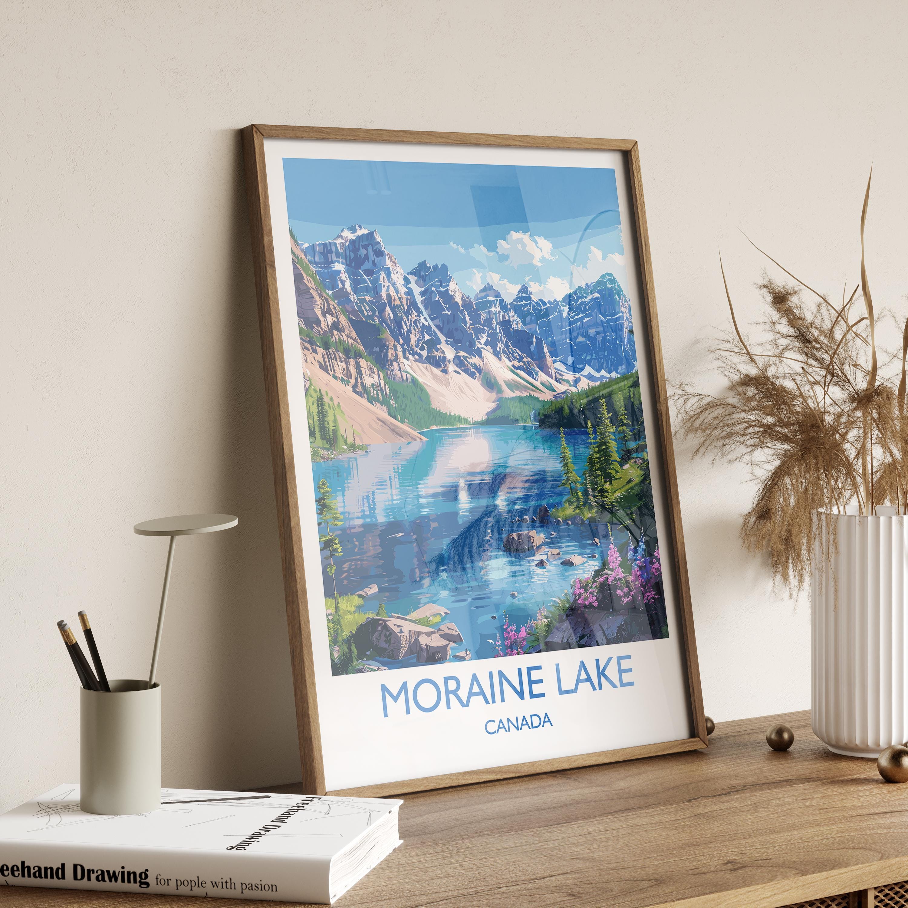 Moraine Lake Travel Print, Travel Poster of Lake Moraine, Canada Alberta Gift, Vancouver Art Lovers Gift, Canada Gift Art, Wall Art Print NQ Media Designs
