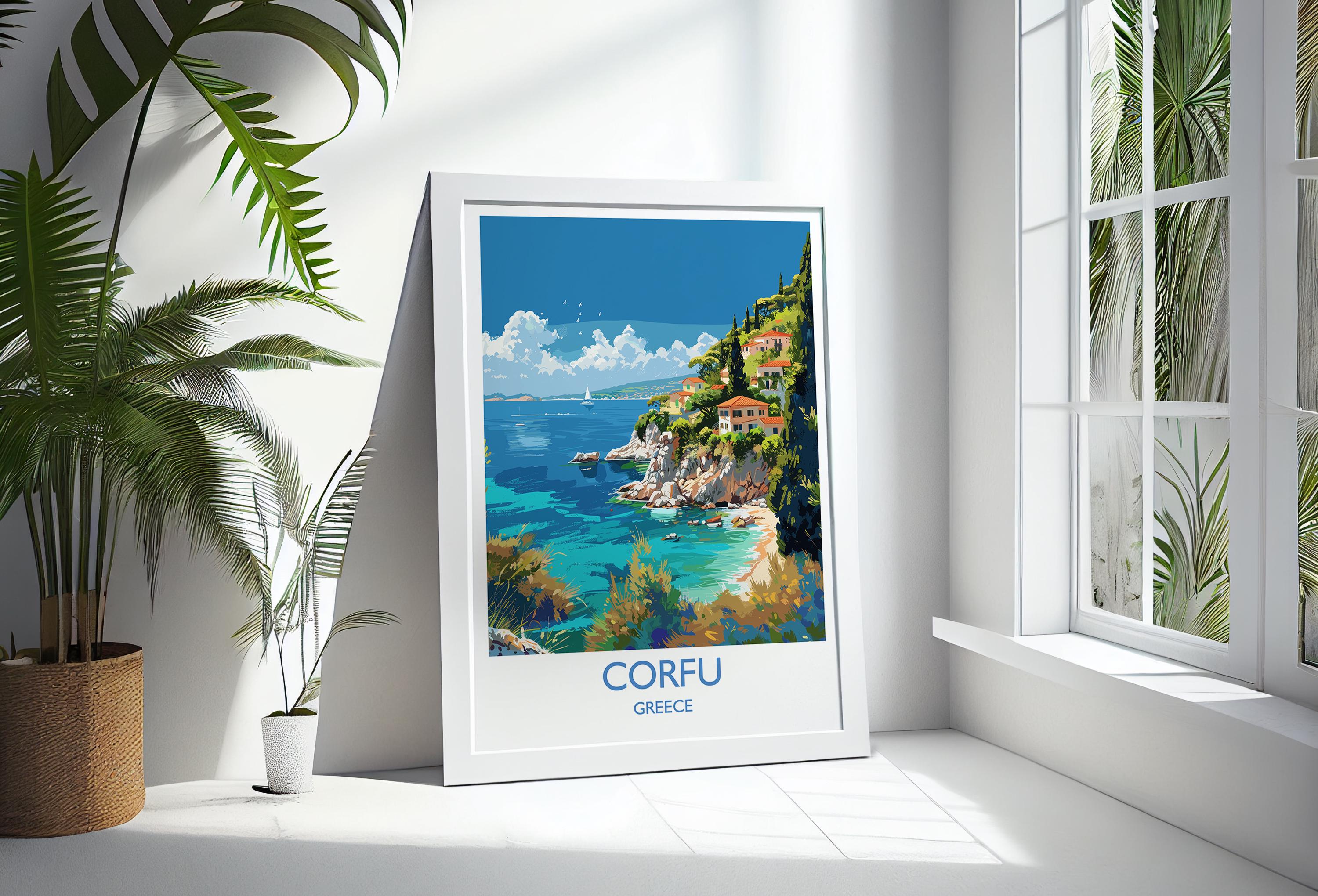 Corfu Travel Print, Travel Poster of Corfu, Greece Gift, Greek Islands Art Lovers Gift, Corfu Gift Art, Wall Art Print NQ Media Designs