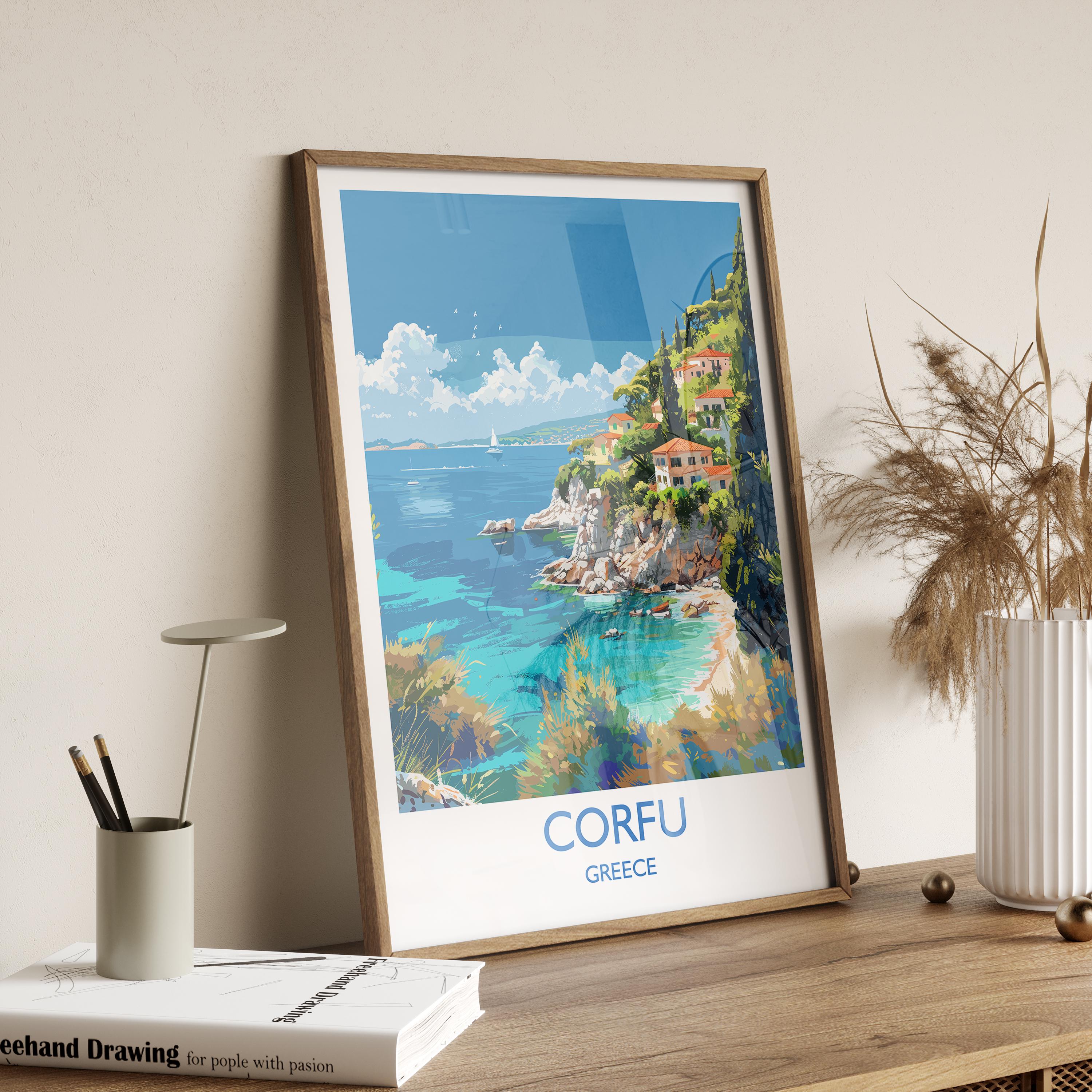 Corfu Travel Print, Travel Poster of Corfu, Greece Gift, Greek Islands Art Lovers Gift, Corfu Gift Art, Wall Art Print NQ Media Designs