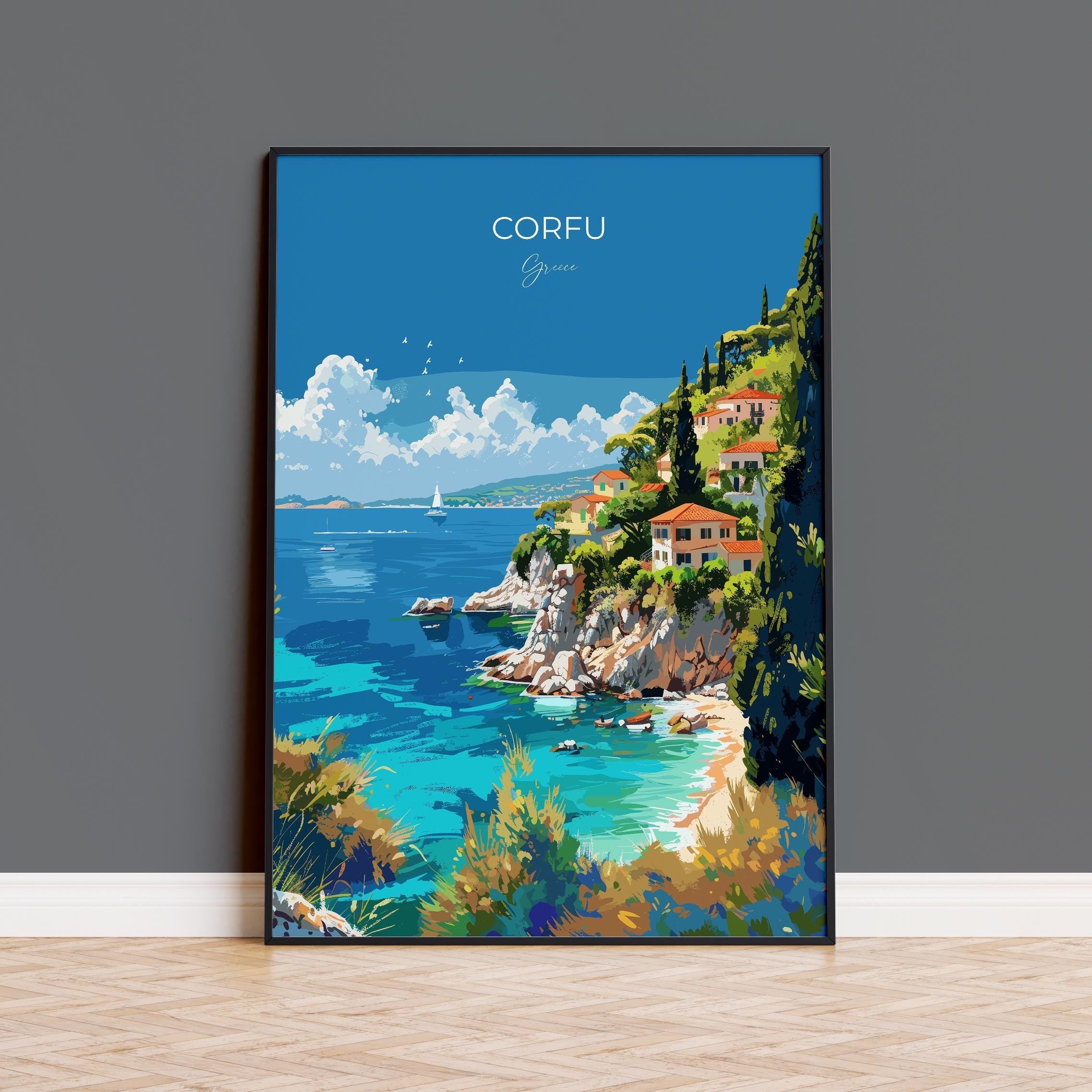 Corfu Travel Poster, Travel Print of Corfu, Greece Gift, Greek Islands Art Lovers Gift, Corfu Gift Art, Wall Art Print NQ Media Designs