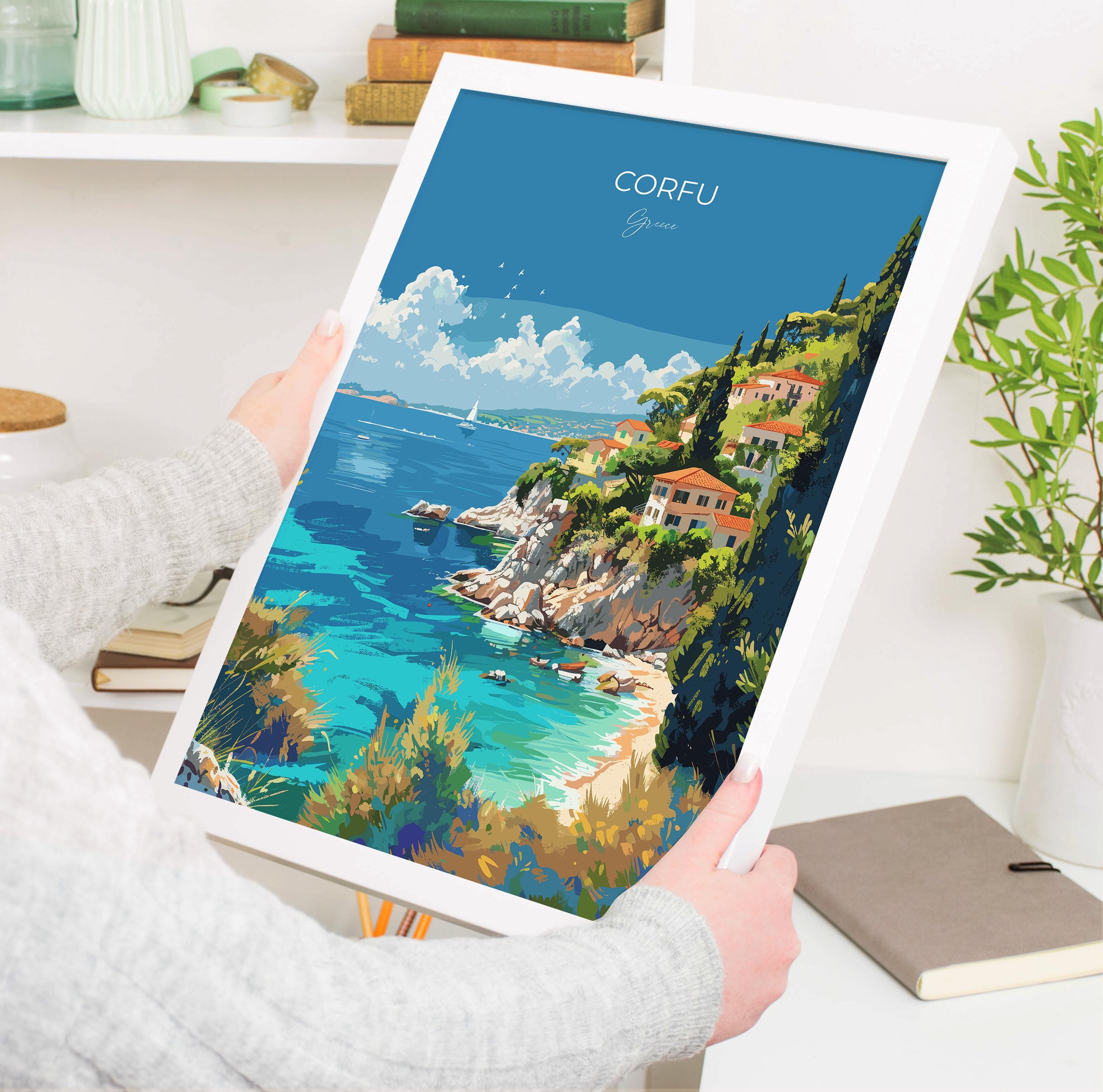 Corfu Travel Poster, Travel Print of Corfu, Greece Gift, Greek Islands Art Lovers Gift, Corfu Gift Art, Wall Art Print NQ Media Designs