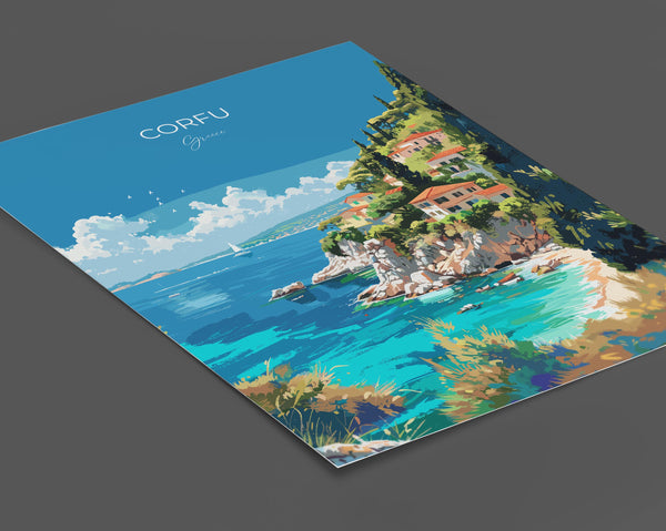 Corfu Travel Poster, Travel Print of Corfu, Greece Gift, Greek Islands Art Lovers Gift, Corfu Gift Art, Wall Art Print