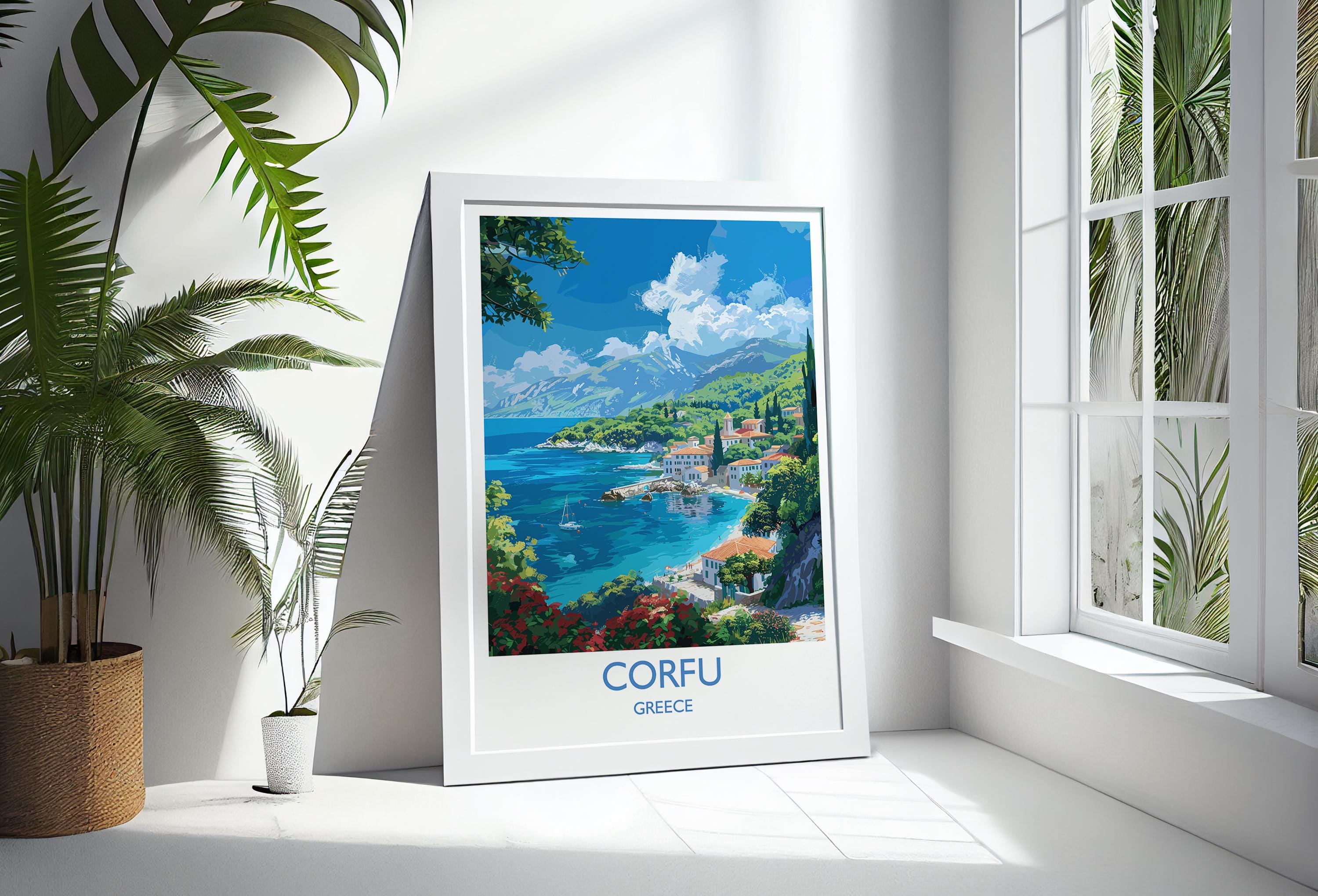 Corfu Travel Print, Travel Poster of Corfu, Greece Gift, Greek Islands Art Lovers Gift, Corfu Gift Art, Wall Art Print NQ Media Designs