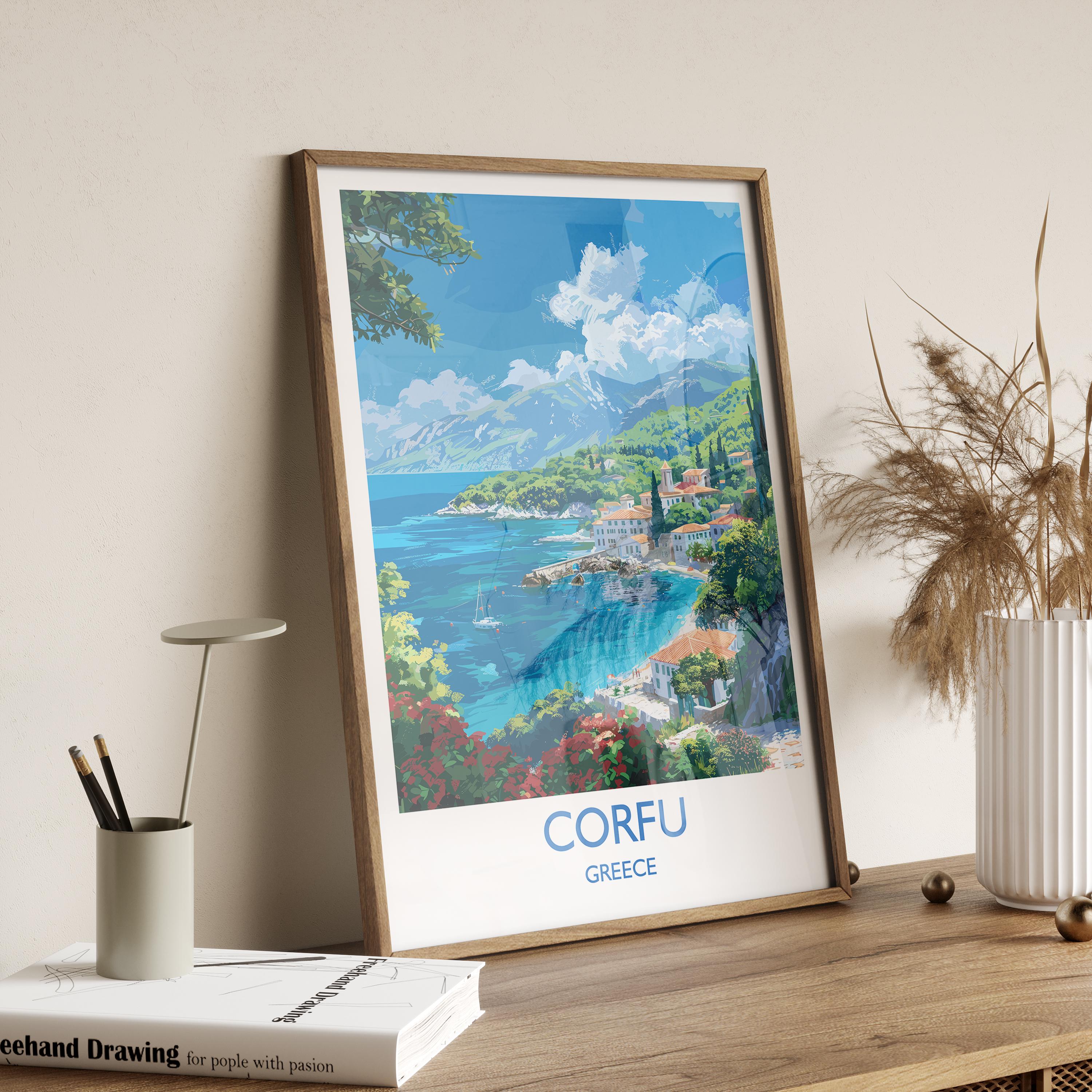 Corfu Travel Print, Travel Poster of Corfu, Greece Gift, Greek Islands Art Lovers Gift, Corfu Gift Art, Wall Art Print NQ Media Designs