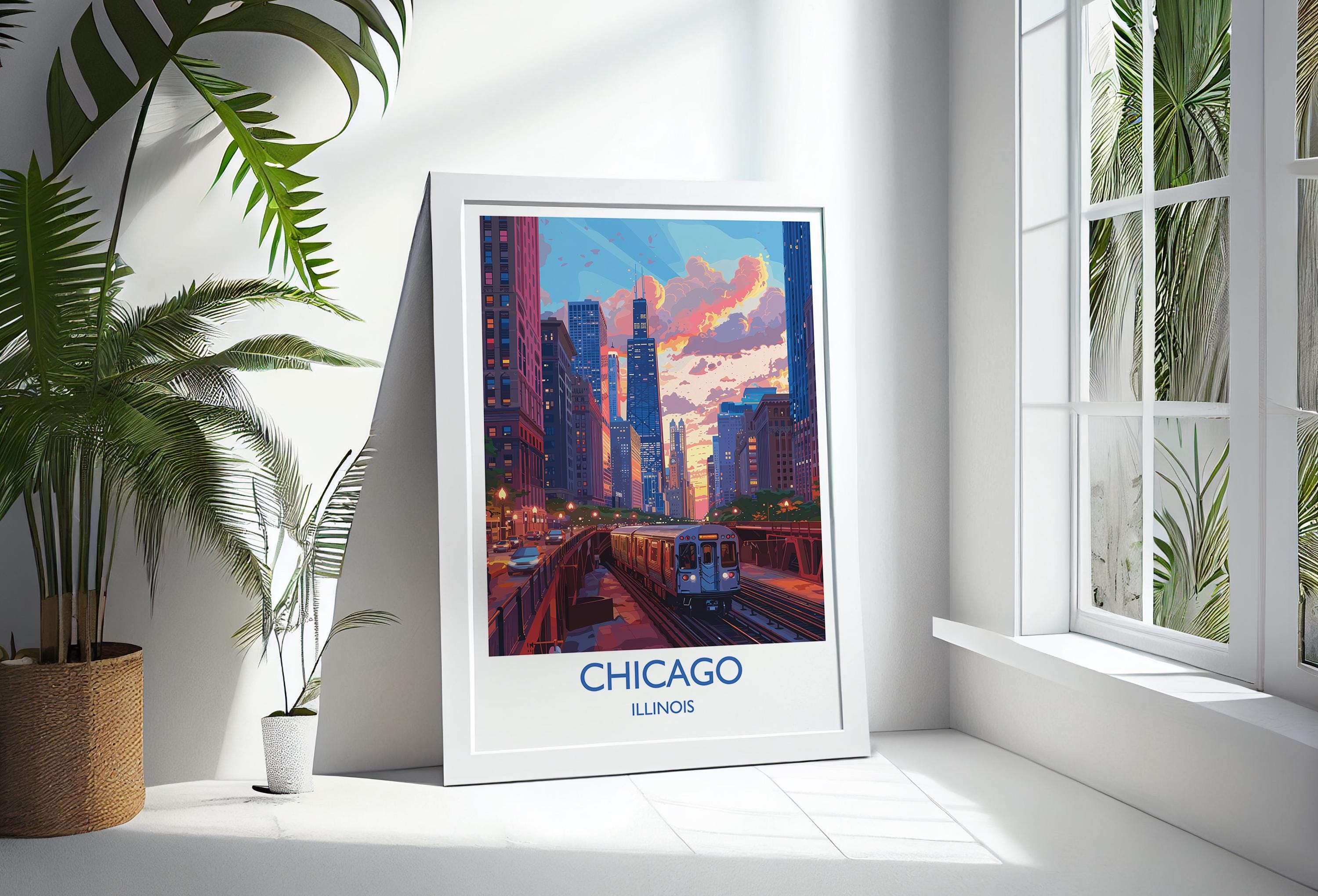 Chicago Travel Poster Wall Art, Travel Print of Chicago, Illinois, Chicago Art Lovers Gift, USA City Art Gift, NQ Media Designs