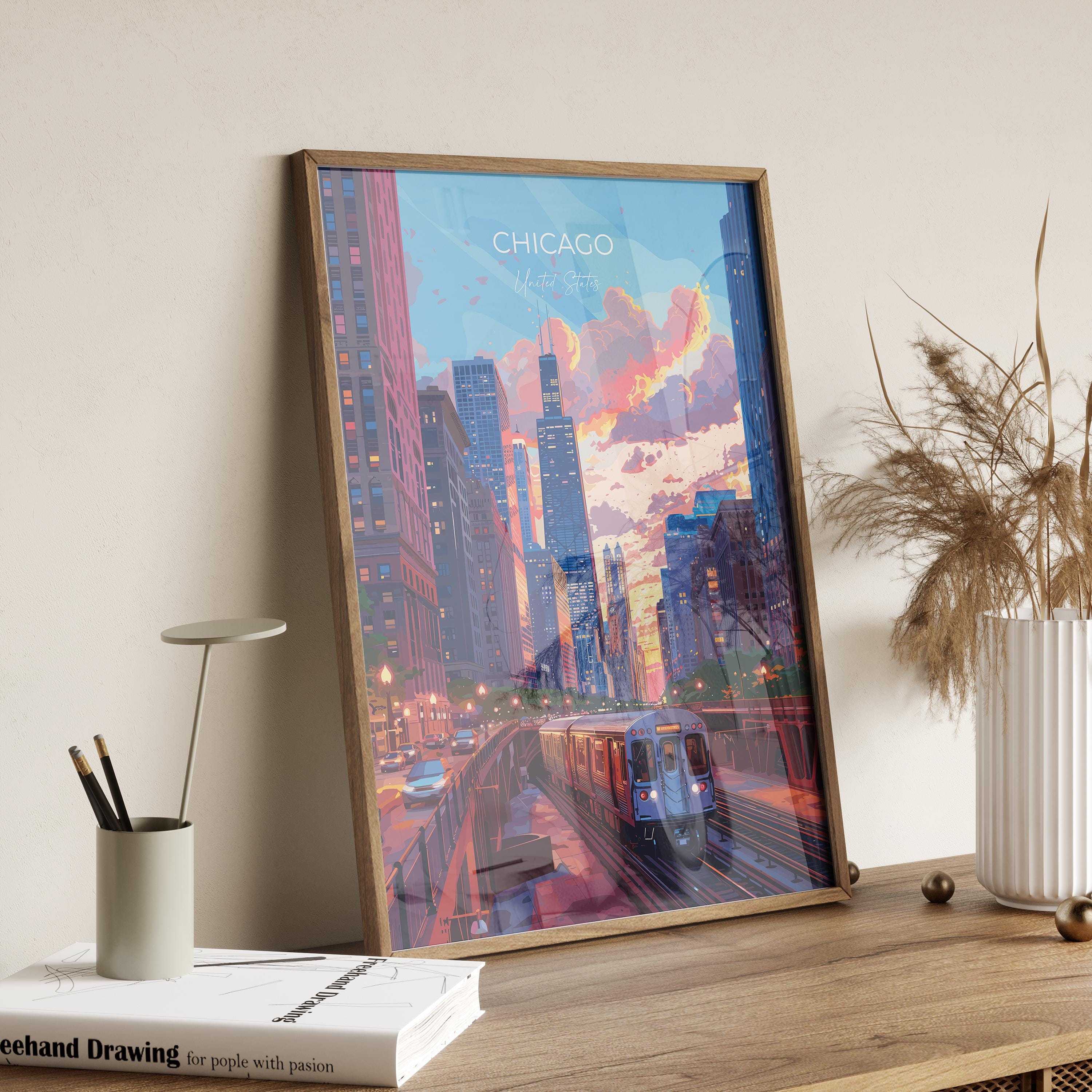 Chicago Travel Print Wall Art, Travel Poster of Chicago, Illinois, Chicago Art Lovers Gift, USA City Art Gift, NQ Media Designs