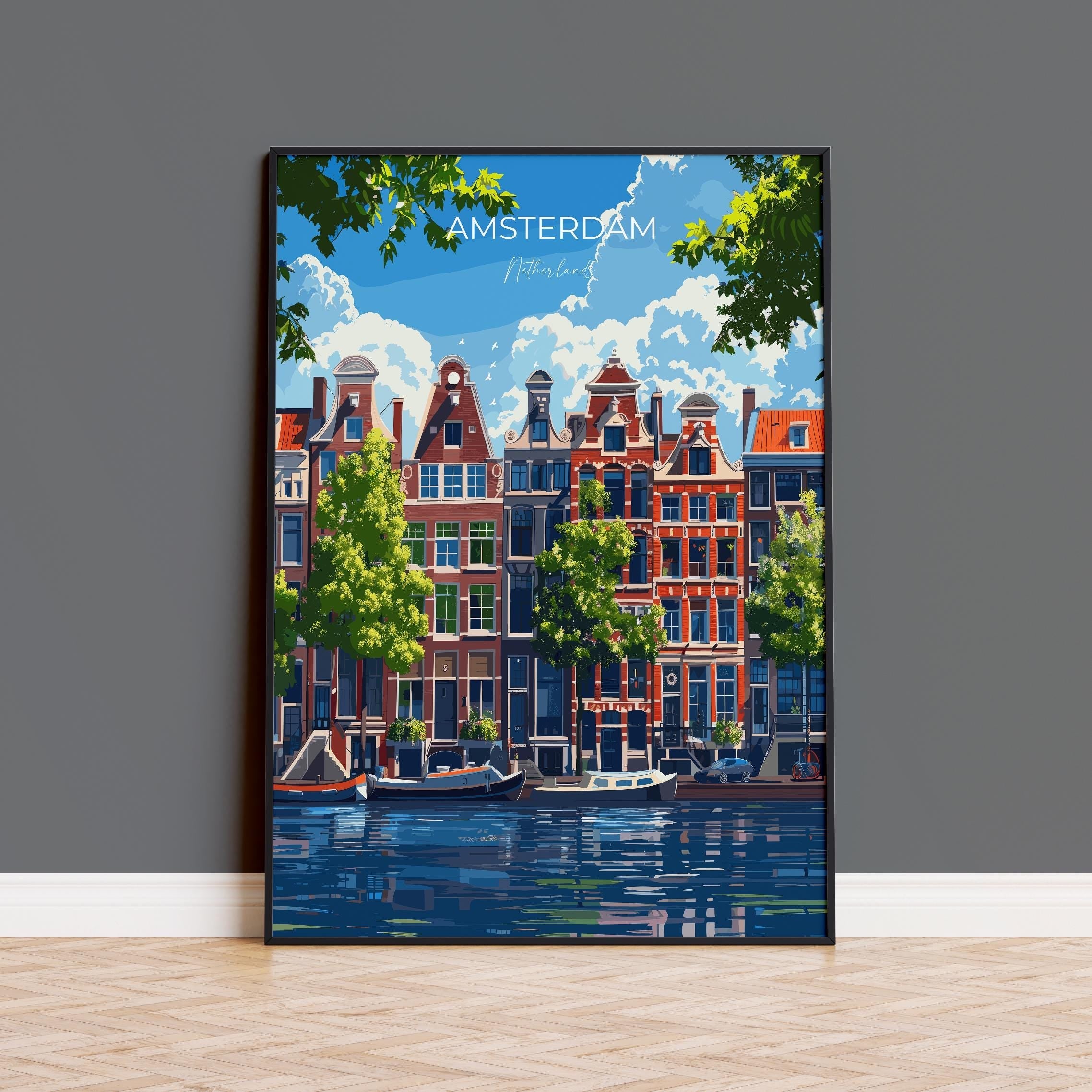 Amsterdam Travel Print, Travel Poster of Amsterdam, Netherlands, Dutch Art Lovers Gift, Wall Art Print NQ Media Designs