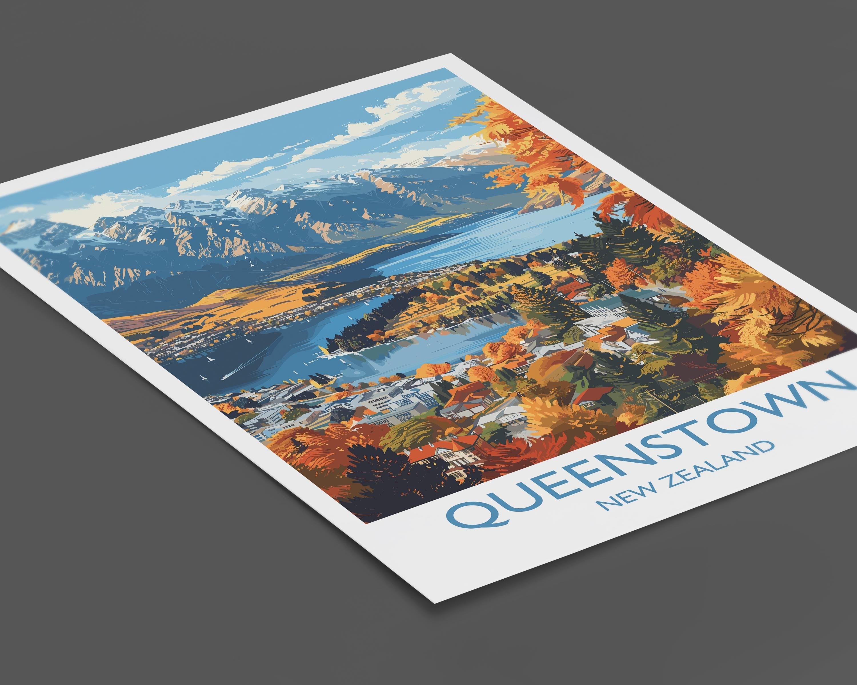 Queenstown Travel Print, Travel Poster of Queenstown, New Zealand Art Lovers Gift, Queenstown Wall Art NQ Media Designs