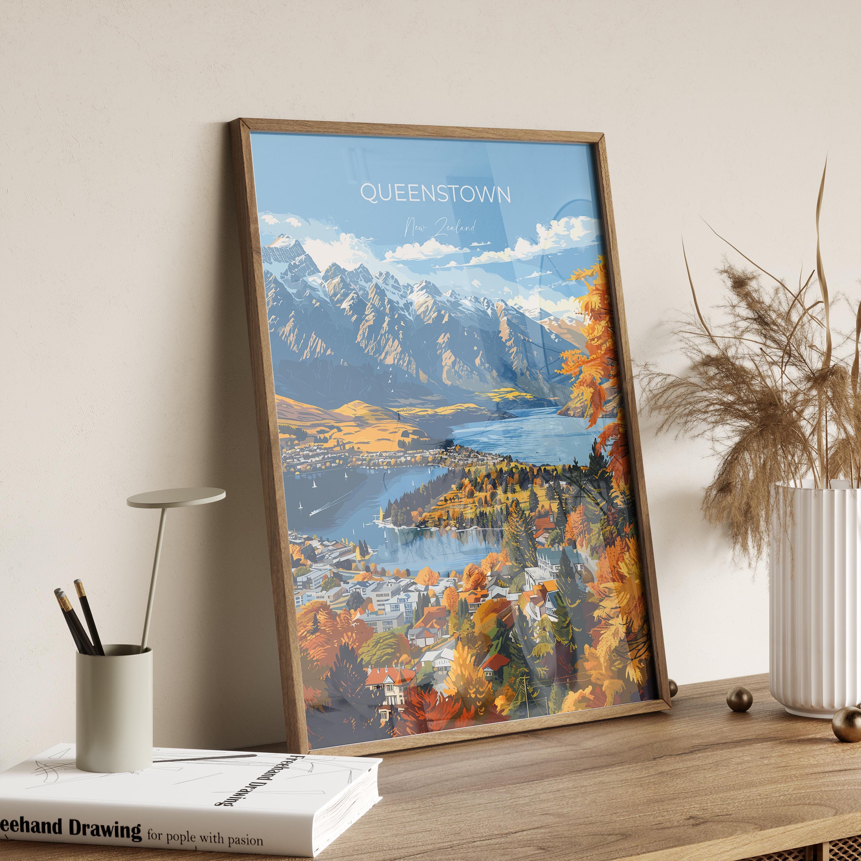 Queenstown Travel Poster, Travel Print of Queenstown, New Zealand Art Lovers Gift, Queenstown Wall Art NQ Media Designs