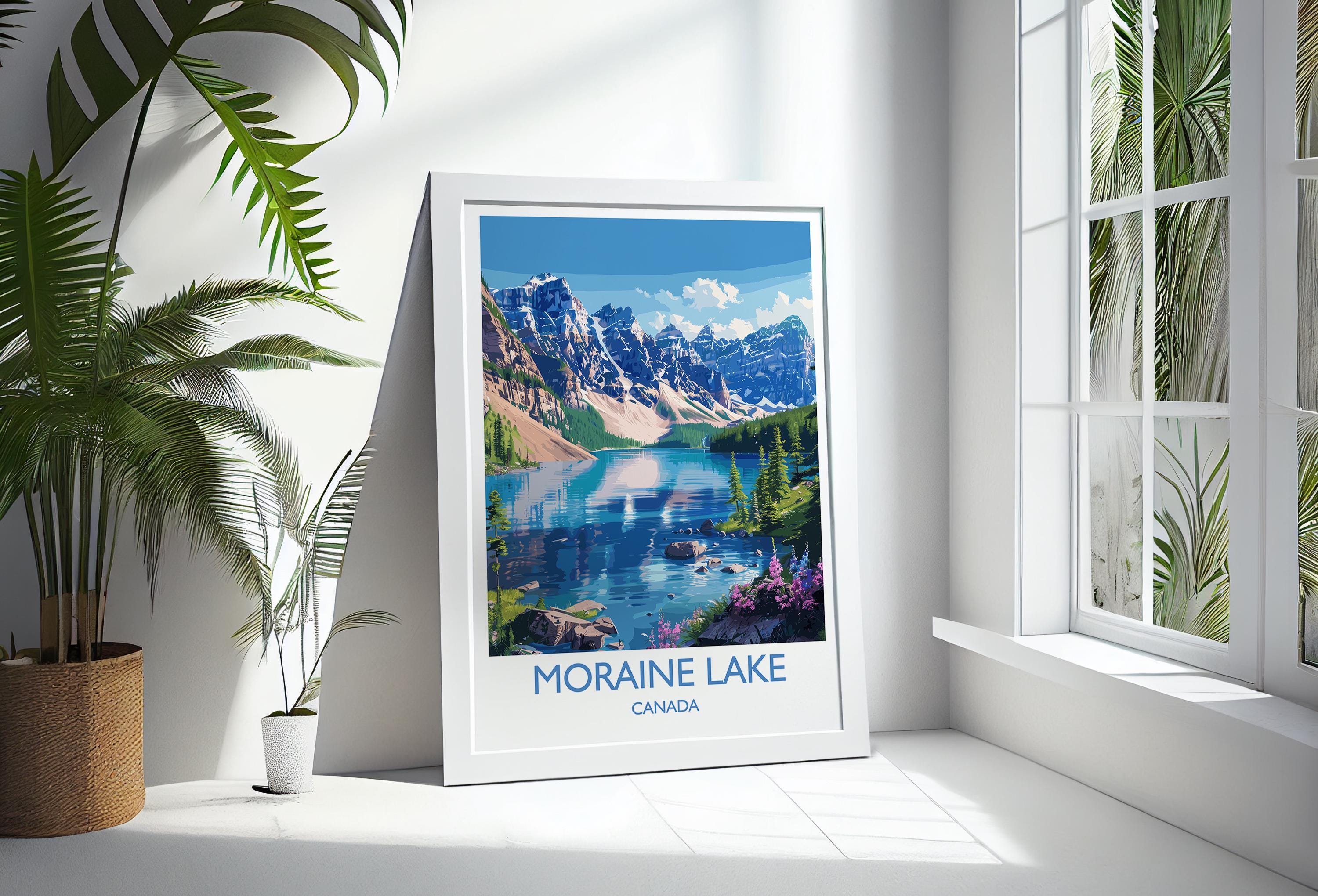 Moraine Lake Travel Print, Travel Poster of Lake Moraine, Canada Alberta Gift, Vancouver Art Lovers Gift, Canada Gift Art, Wall Art Print NQ Media Designs