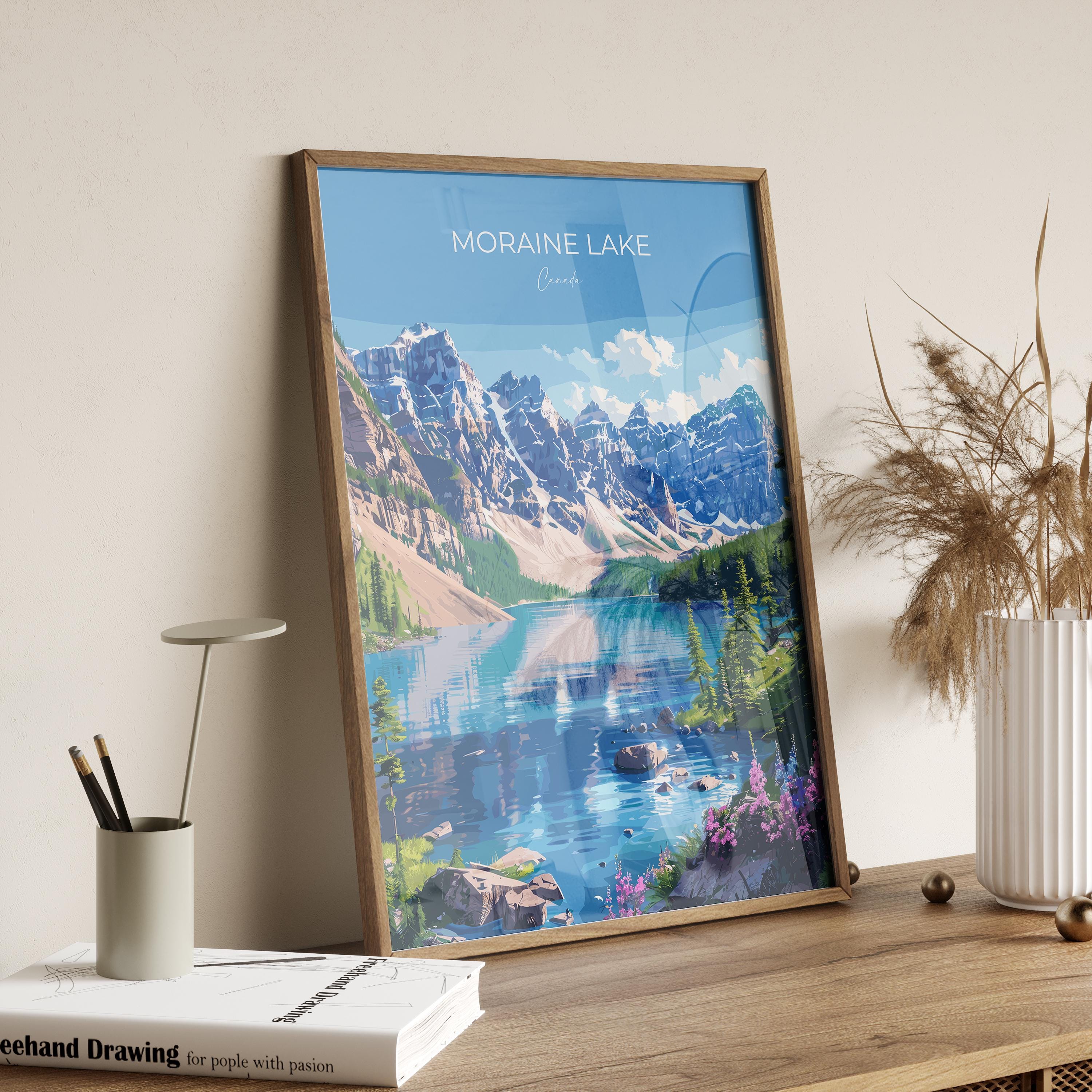 Moraine Lake Travel Poster, Travel Print of Lake Moraine, Canada Alberta Gift, Vancouver Art Lovers Gift, Canada Gift Art, Wall Art Print NQ Media Designs