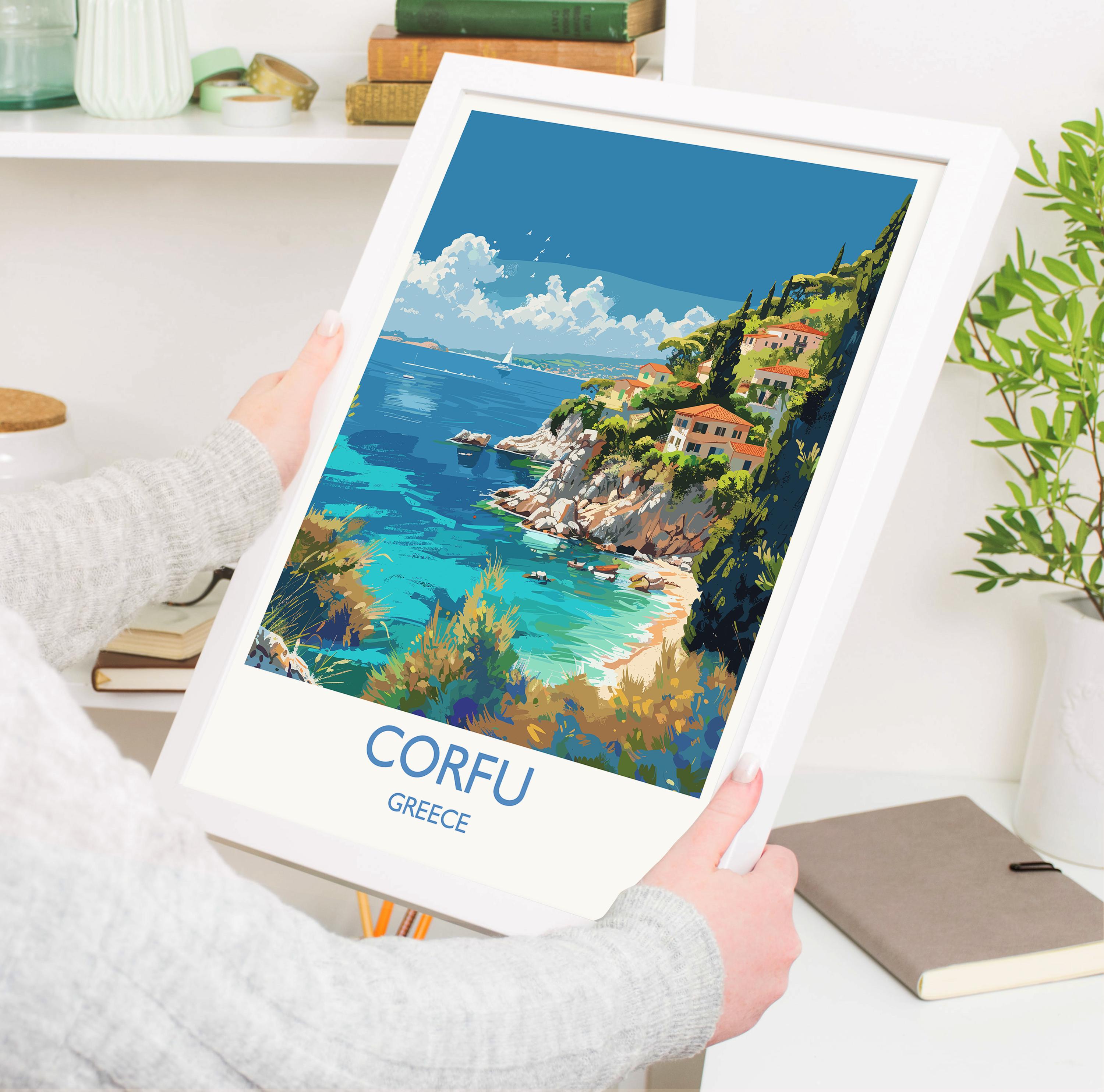 Corfu Travel Print, Travel Poster of Corfu, Greece Gift, Greek Islands Art Lovers Gift, Corfu Gift Art, Wall Art Print NQ Media Designs