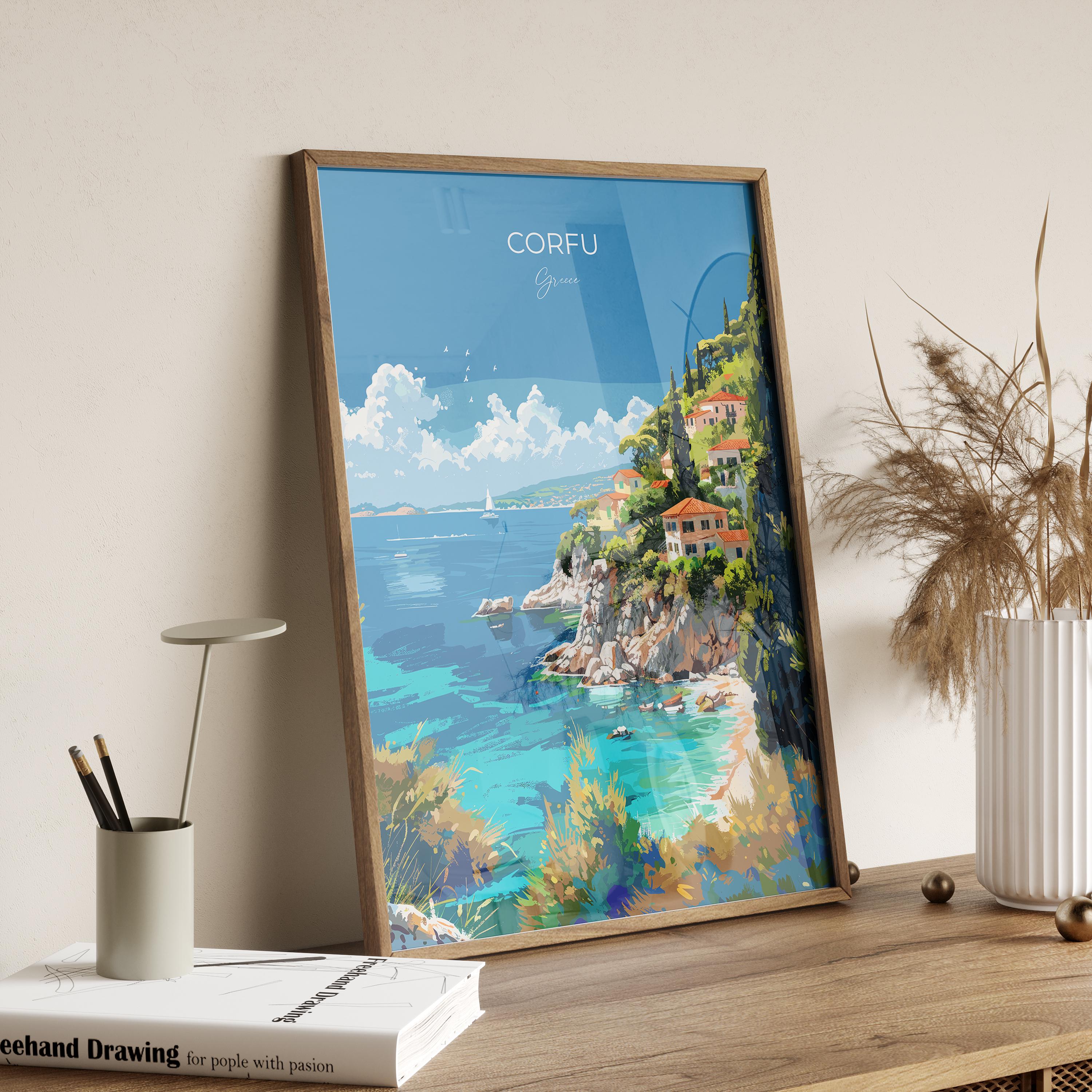 Corfu Travel Poster, Travel Print of Corfu, Greece Gift, Greek Islands Art Lovers Gift, Corfu Gift Art, Wall Art Print NQ Media Designs