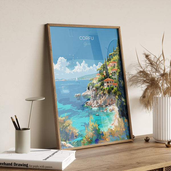 Corfu Travel Poster, Travel Print of Corfu, Greece Gift, Greek Islands Art Lovers Gift, Corfu Gift Art, Wall Art Print