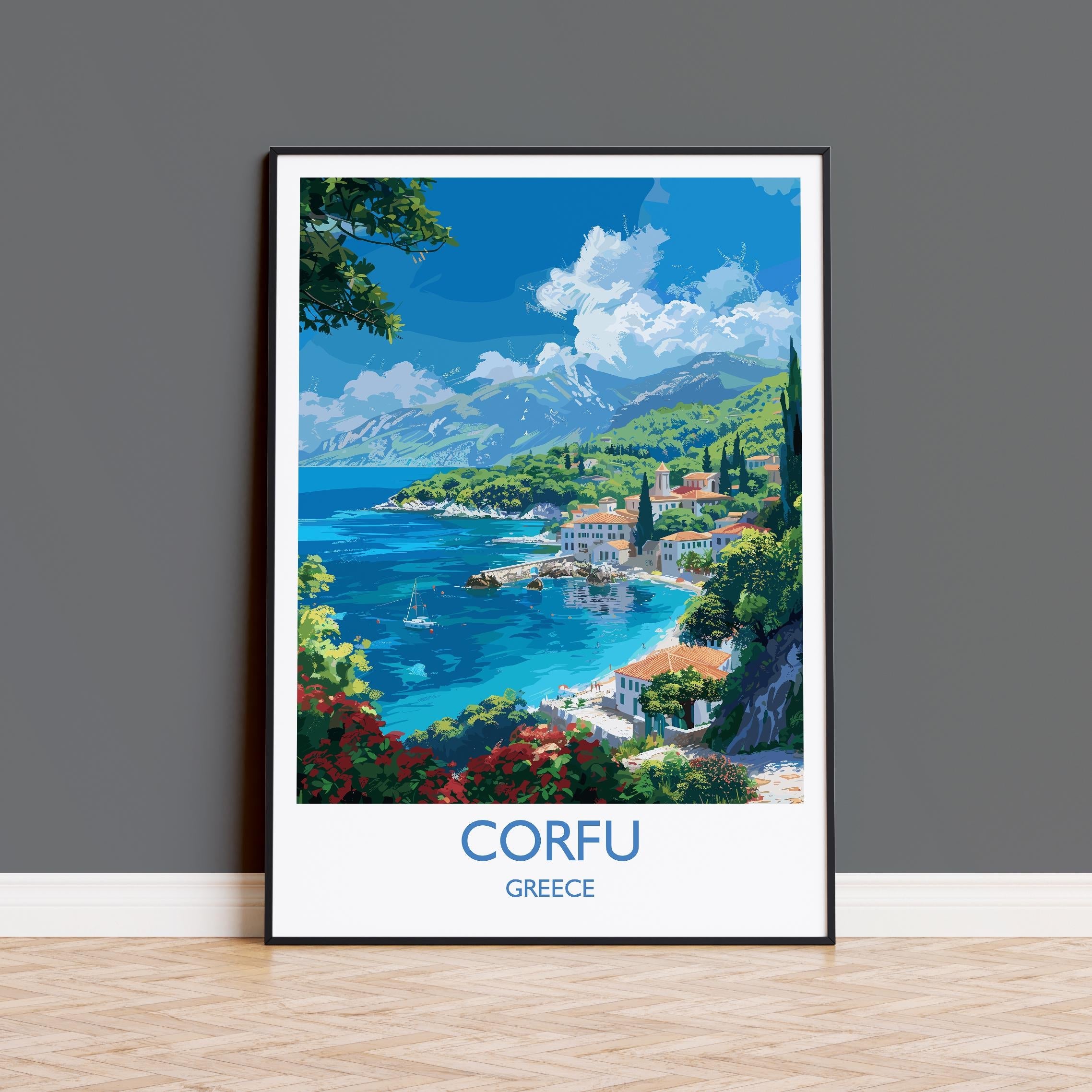 Corfu Travel Print, Travel Poster of Corfu, Greece Gift, Greek Islands Art Lovers Gift, Corfu Gift Art, Wall Art Print NQ Media Designs
