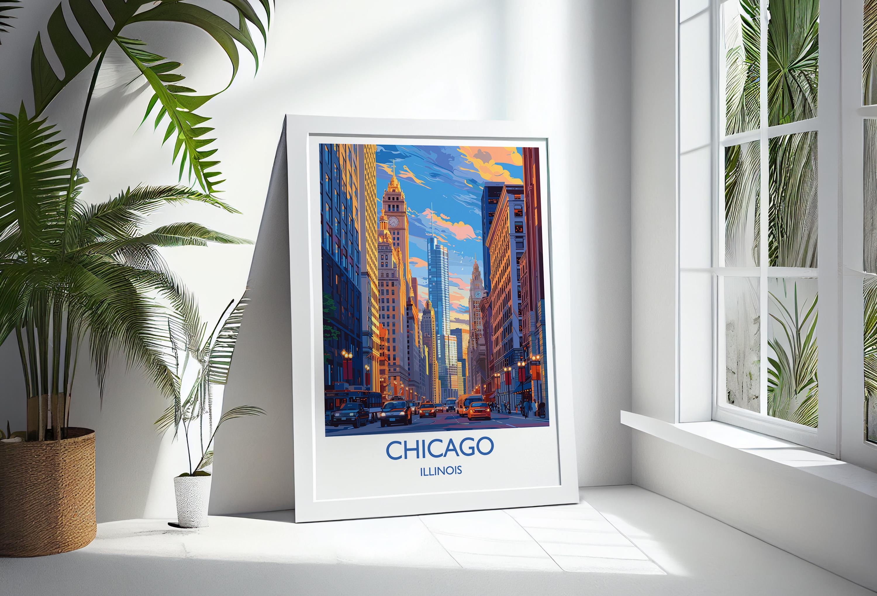 Chicago Travel Poster Wall Art, Travel Print of Chicago, Illinois, Chicago Art Lovers Gift, USA City Art Gift, NQ Media Designs
