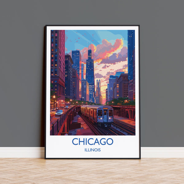 Chicago Travel Poster Wall Art, Travel Print of Chicago, Illinois, Chicago Art Lovers Gift, USA City Art Gift,