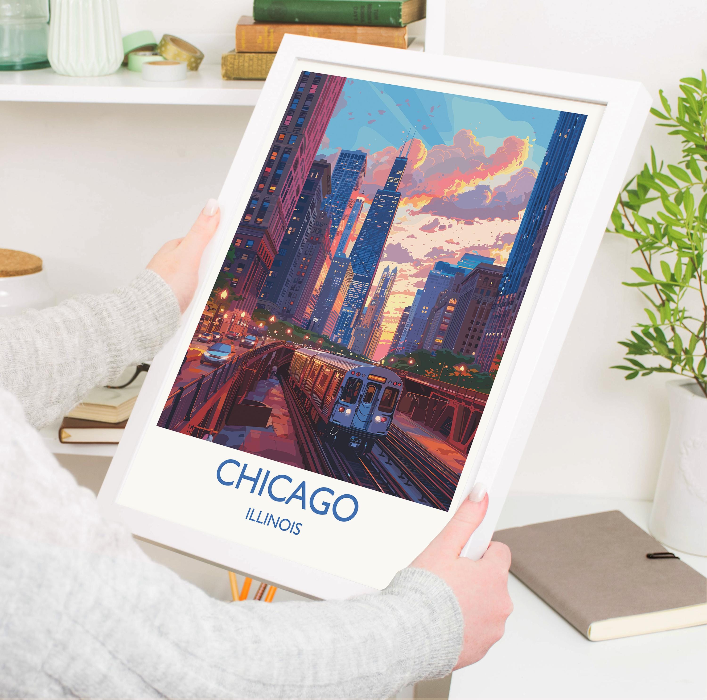 Chicago Travel Poster Wall Art, Travel Print of Chicago, Illinois, Chicago Art Lovers Gift, USA City Art Gift, NQ Media Designs