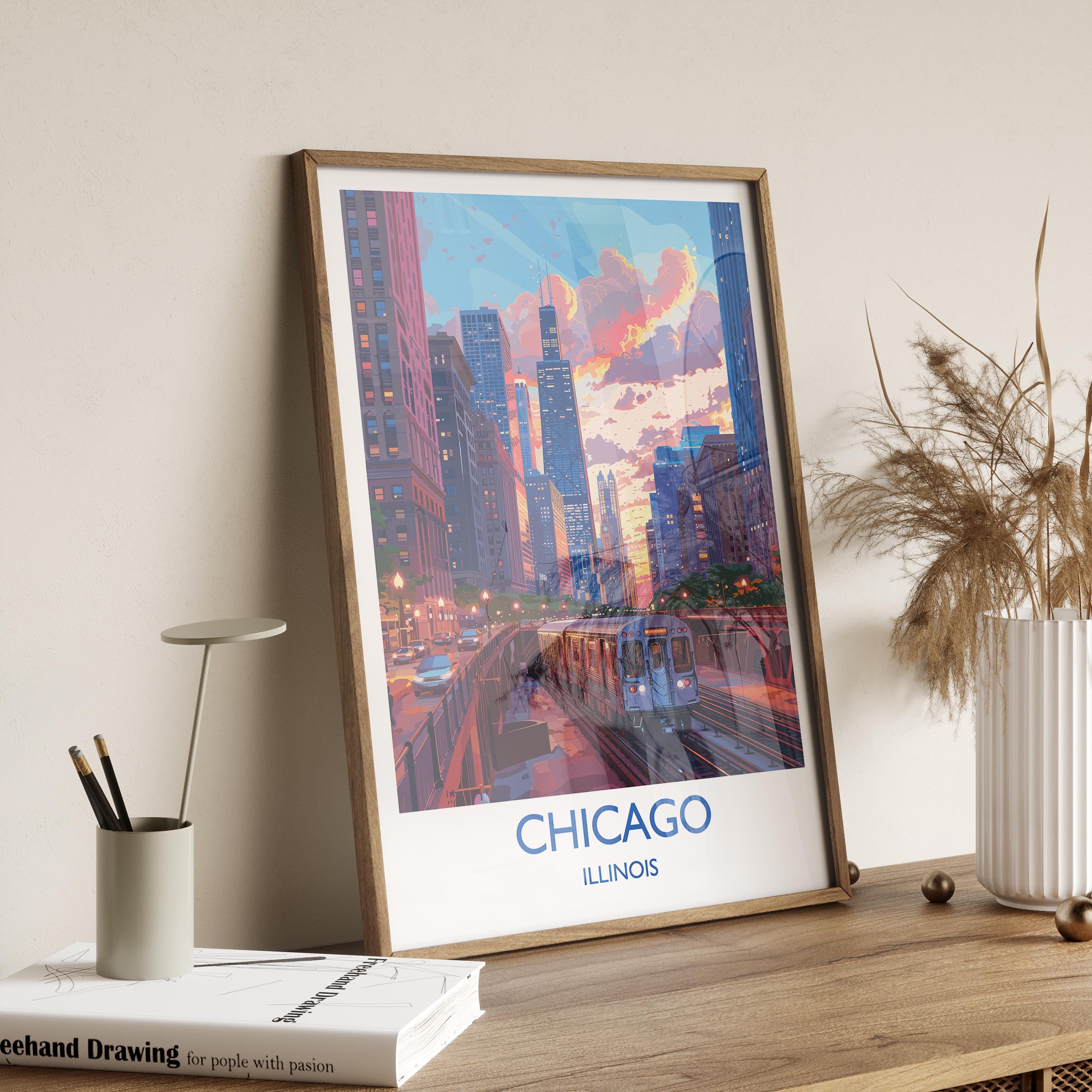 Chicago Travel Poster Wall Art, Travel Print of Chicago, Illinois, Chicago Art Lovers Gift, USA City Art Gift, NQ Media Designs
