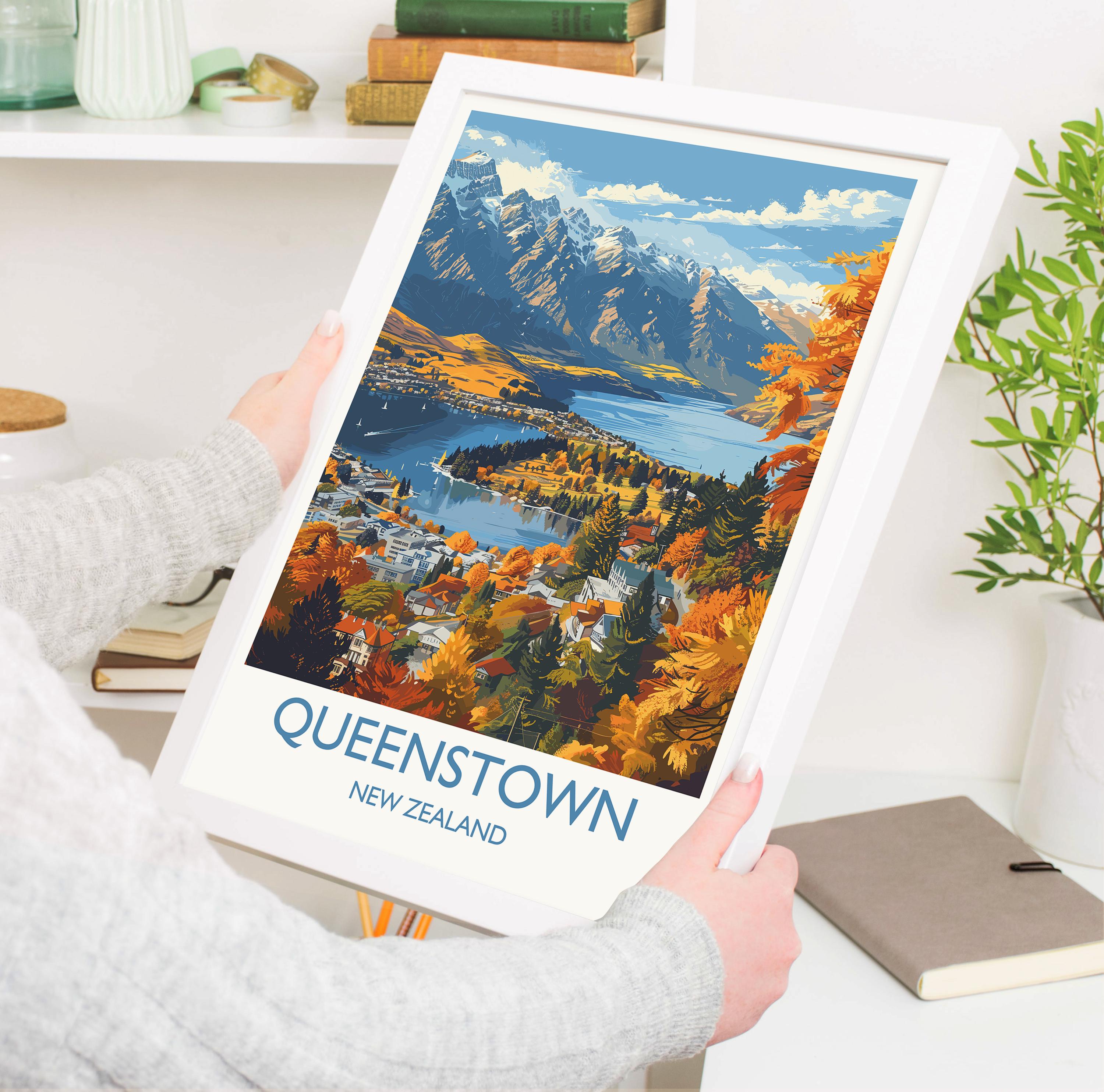 Queenstown Travel Print, Travel Poster of Queenstown, New Zealand Art Lovers Gift, Queenstown Wall Art NQ Media Designs