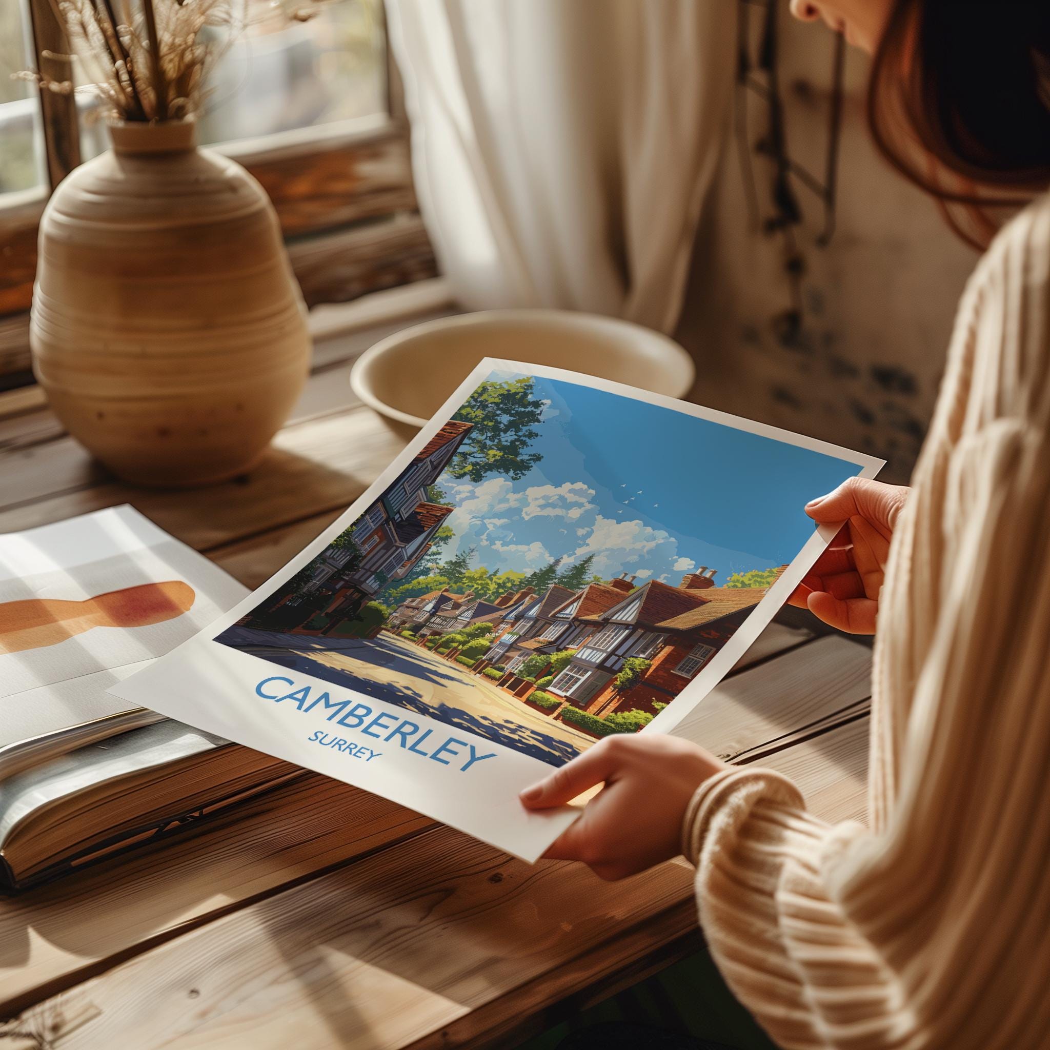 Camberley Travel Print, Travel Poster of Camberley, Surrey Poster, Camberley Art Gift, London Art Lovers UK Travel Gift NQ Media Designs
