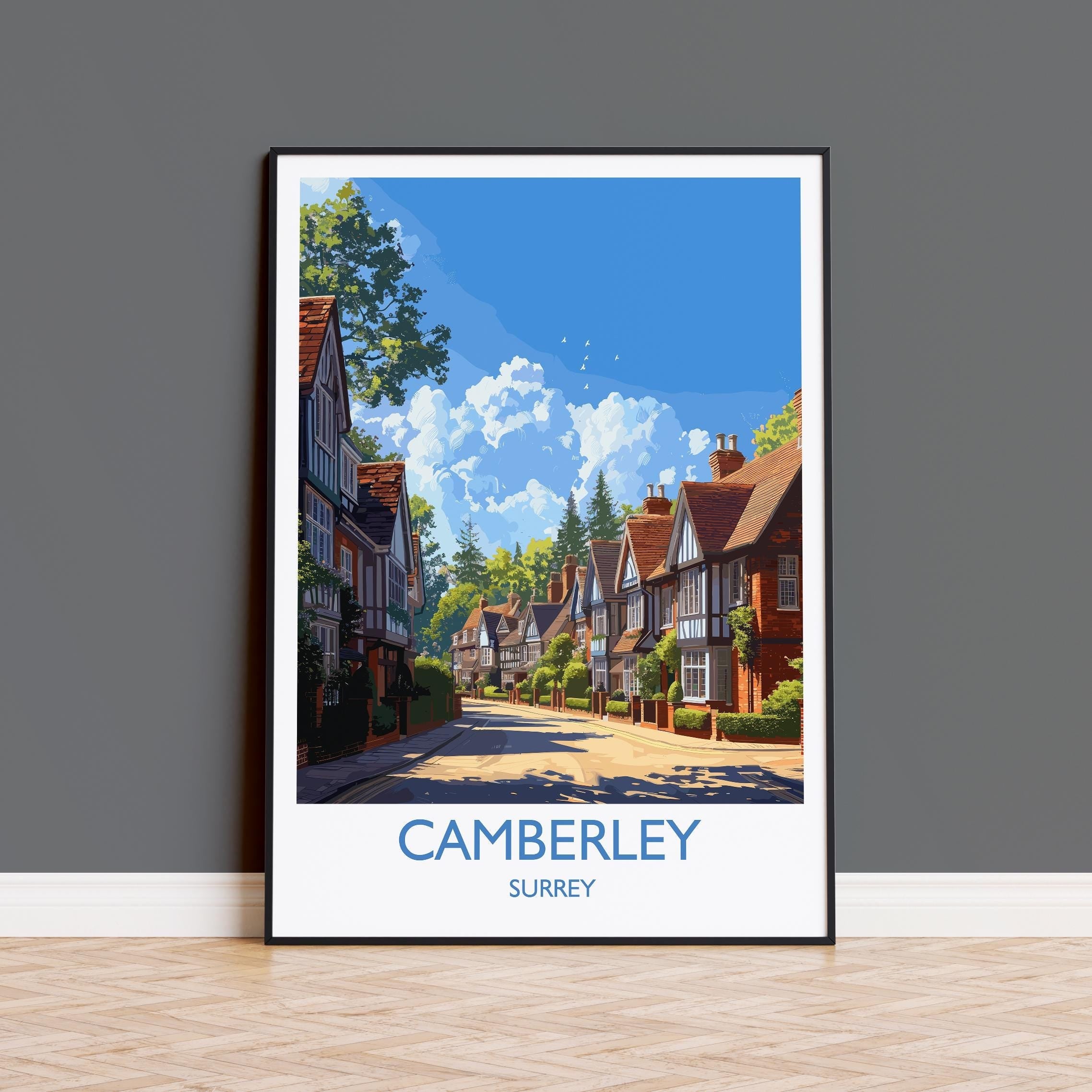 Camberley Travel Print, Travel Poster of Camberley, Surrey Poster, Camberley Art Gift, London Art Lovers UK Travel Gift NQ Media Designs
