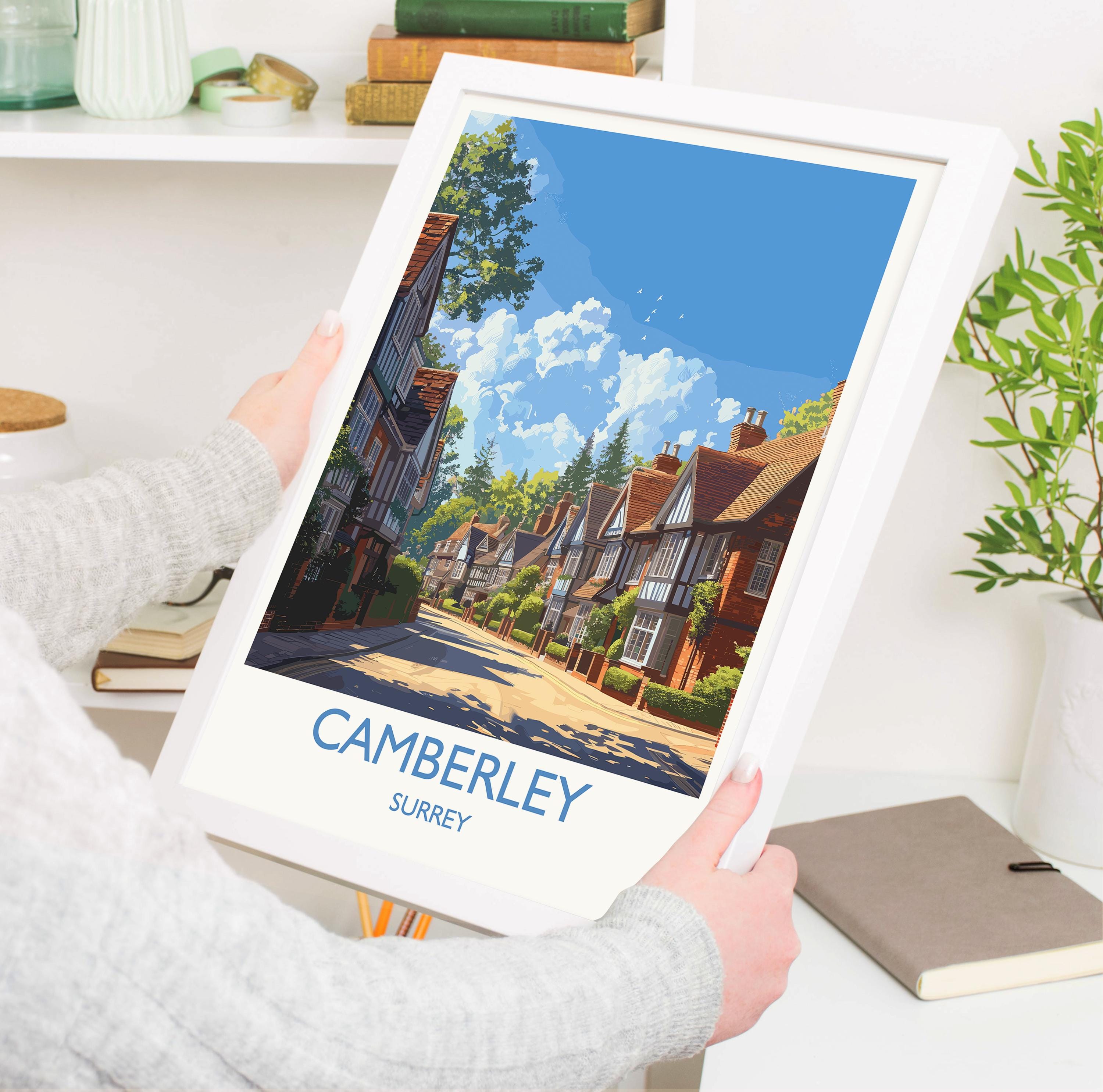 Camberley Travel Print, Travel Poster of Camberley, Surrey Poster, Camberley Art Gift, London Art Lovers UK Travel Gift NQ Media Designs