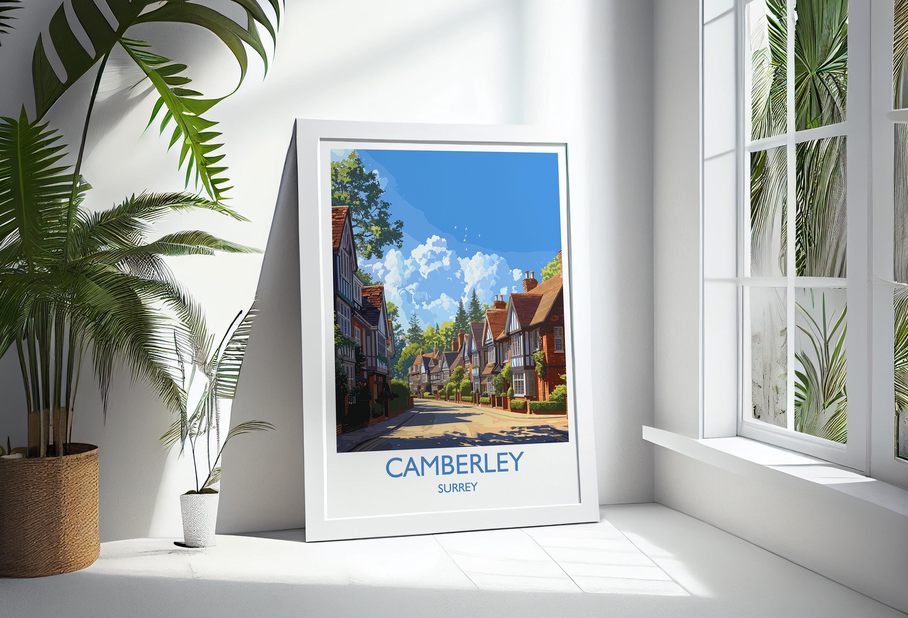 Camberley Travel Print, Travel Poster of Camberley, Surrey Poster, Camberley Art Gift, London Art Lovers UK Travel Gift NQ Media Designs