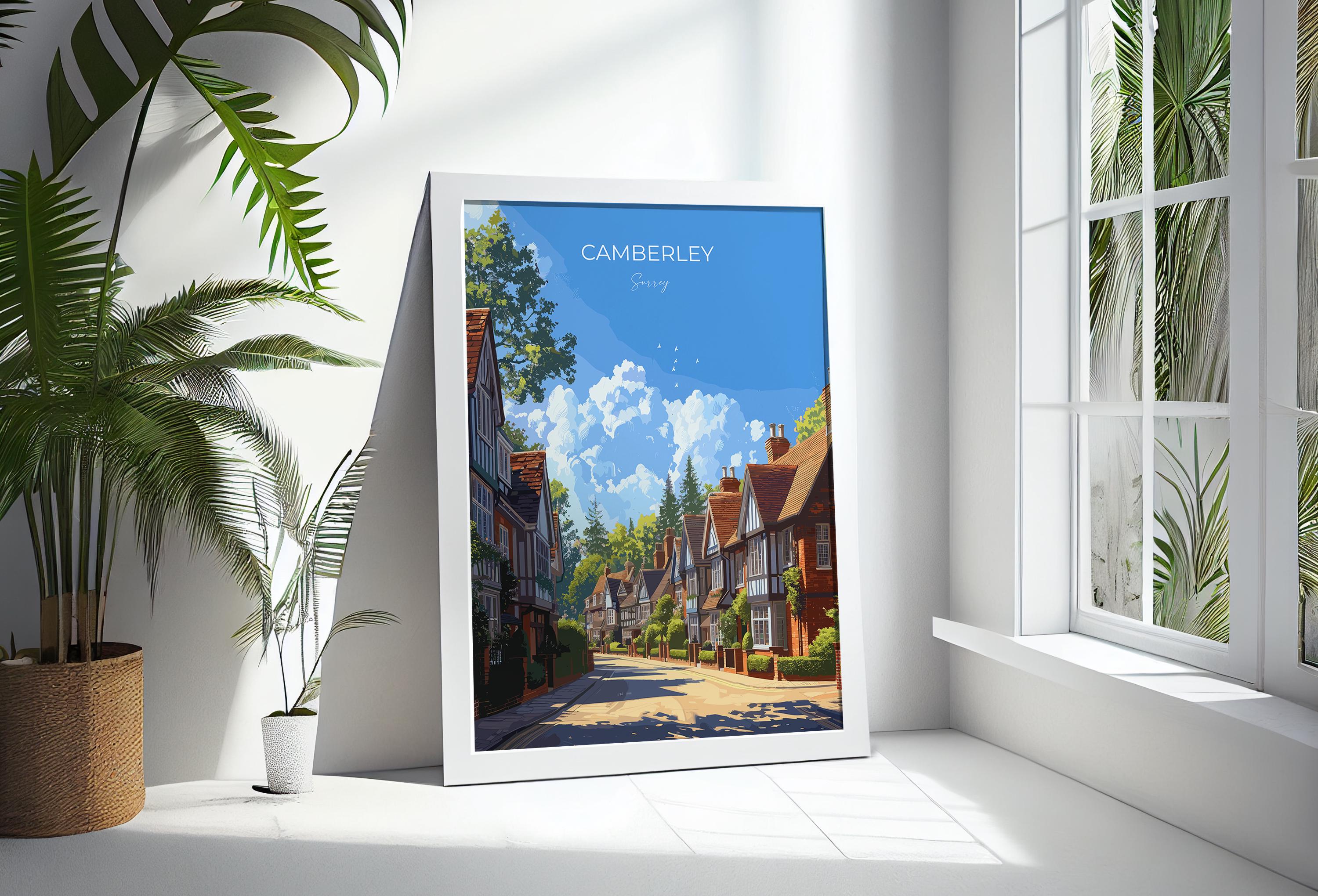 Camberley Travel Poster, Travel Print of Camberley, Surrey Poster, Camberley Art Gift, London Art Lovers UK Travel Gift NQ Media Designs