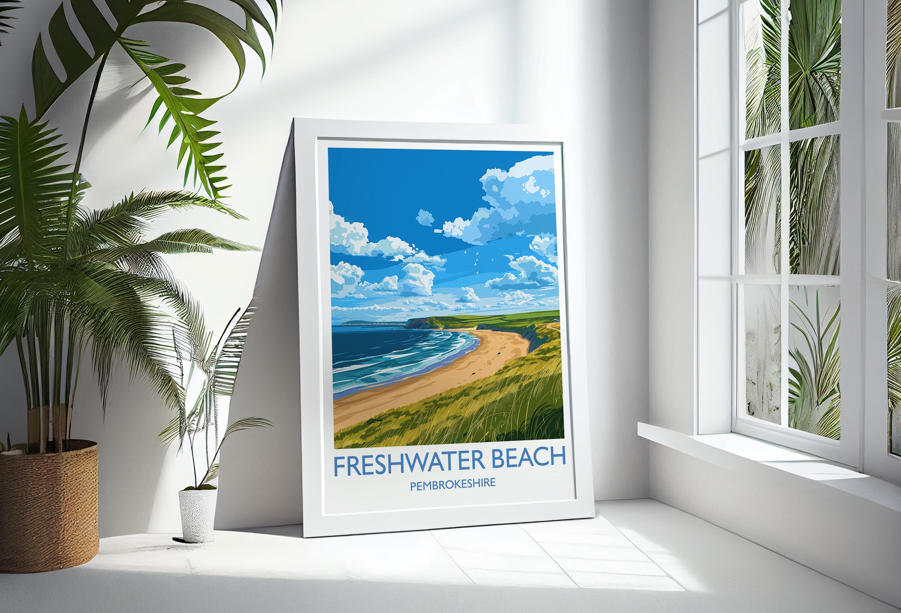 Freshwater Beach Travel Print, Travel Poster of Freshwater Beach, Wales, Pembrokeshire Art Gift, Wales Art Lovers Gift, Wall Art Print NQ Media Designs