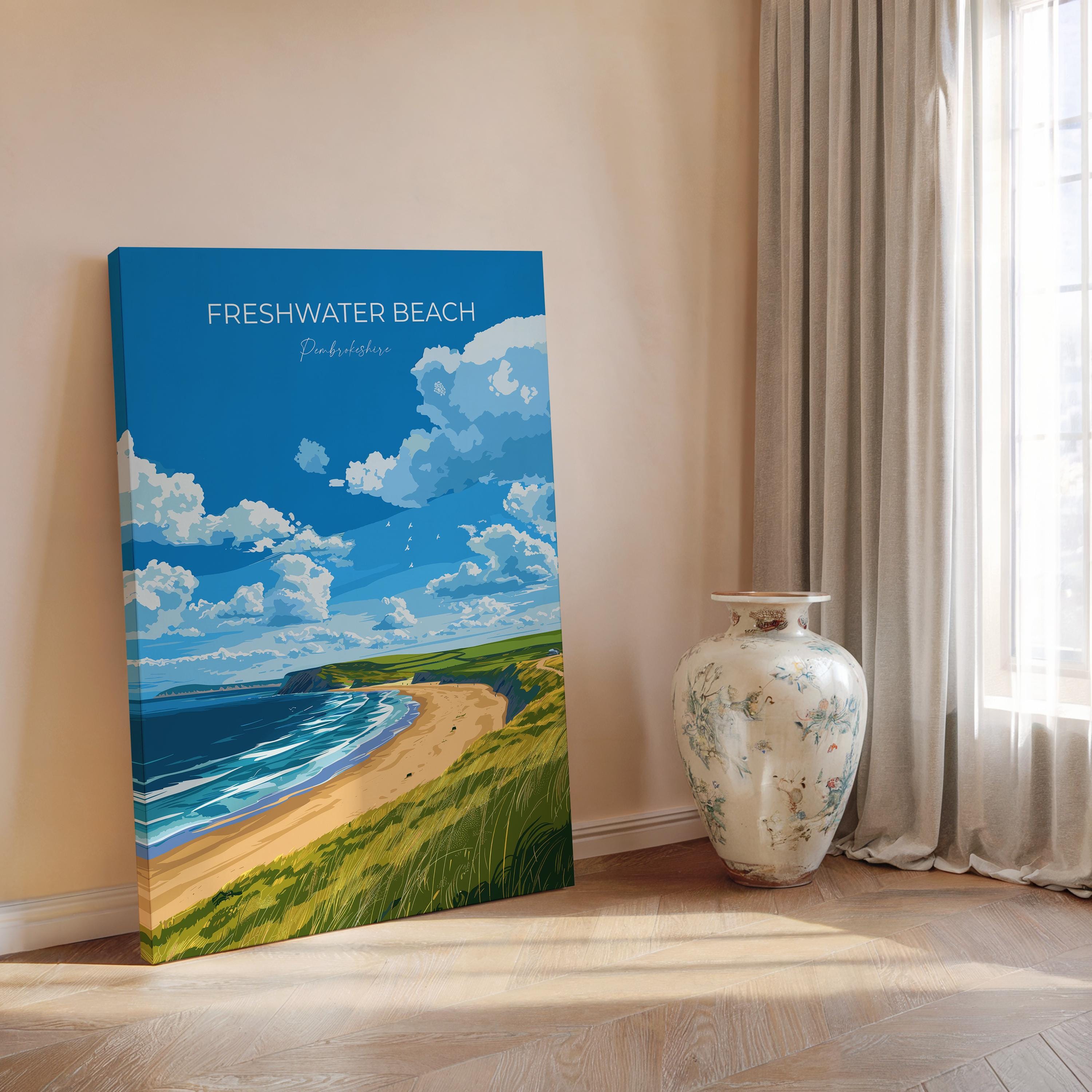 Freshwater Beach Travel Poster, Travel Print of Freshwater Beach, Wales, Pembrokeshire Art Gift, Wales Art Lovers Gift, Wall Art Print NQ Media Designs