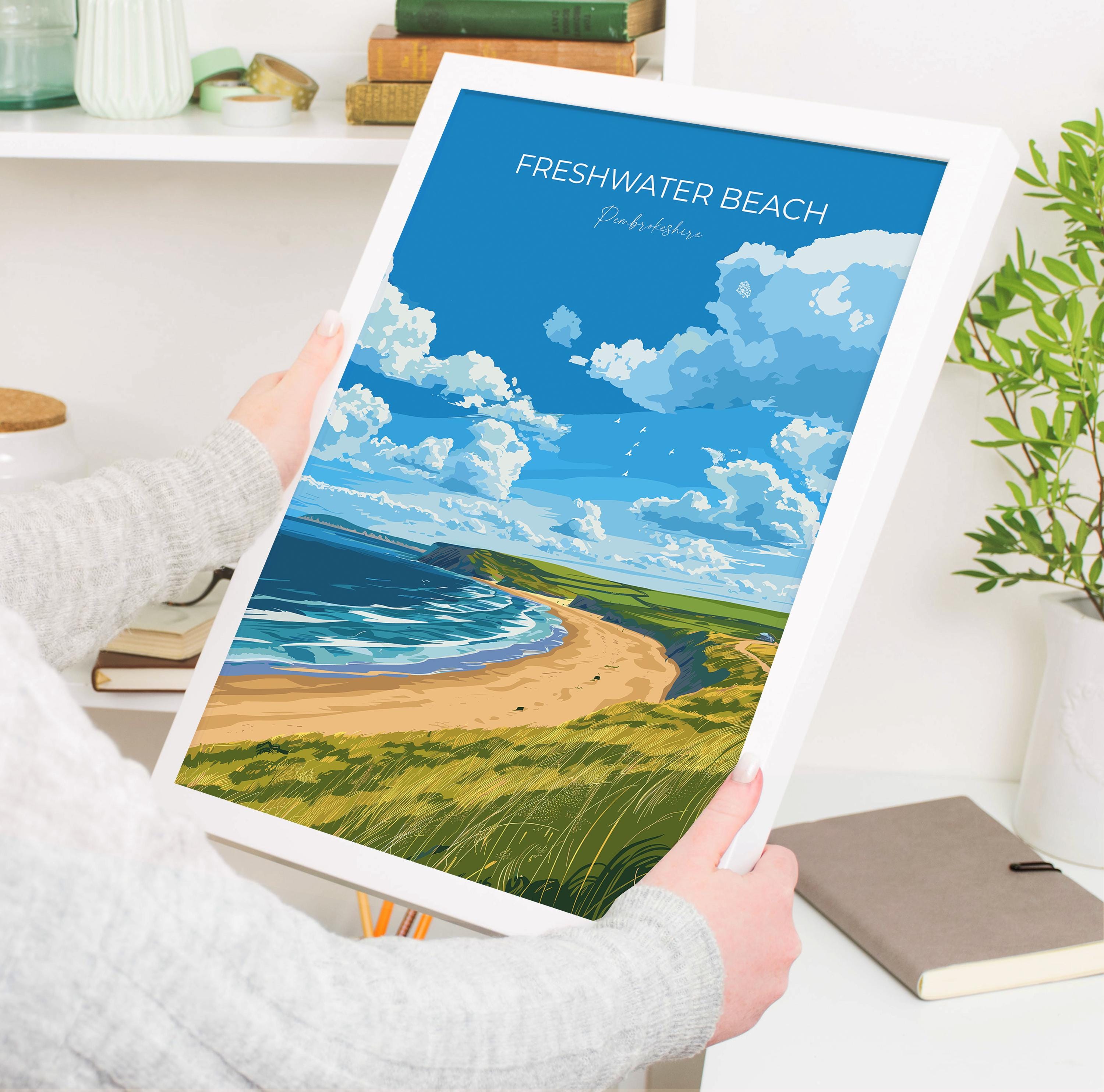 Freshwater Beach Travel Poster, Travel Print of Freshwater Beach, Wales, Pembrokeshire Art Gift, Wales Art Lovers Gift, Wall Art Print NQ Media Designs