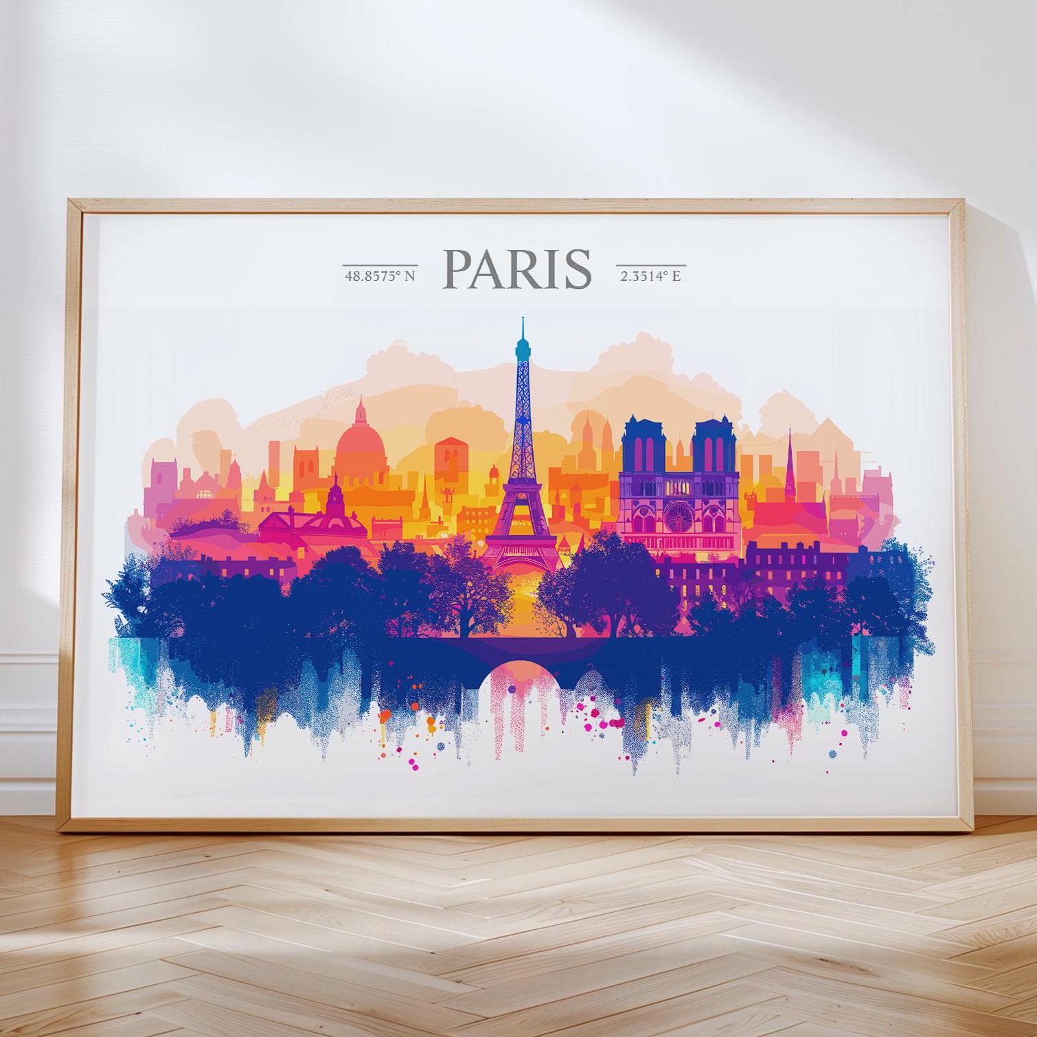 Paris Skyline Travel Poster Wall Art Landscape, Travel Print of Paris, Paris Art Lovers Gift,France Art Gift NQ Media Designs