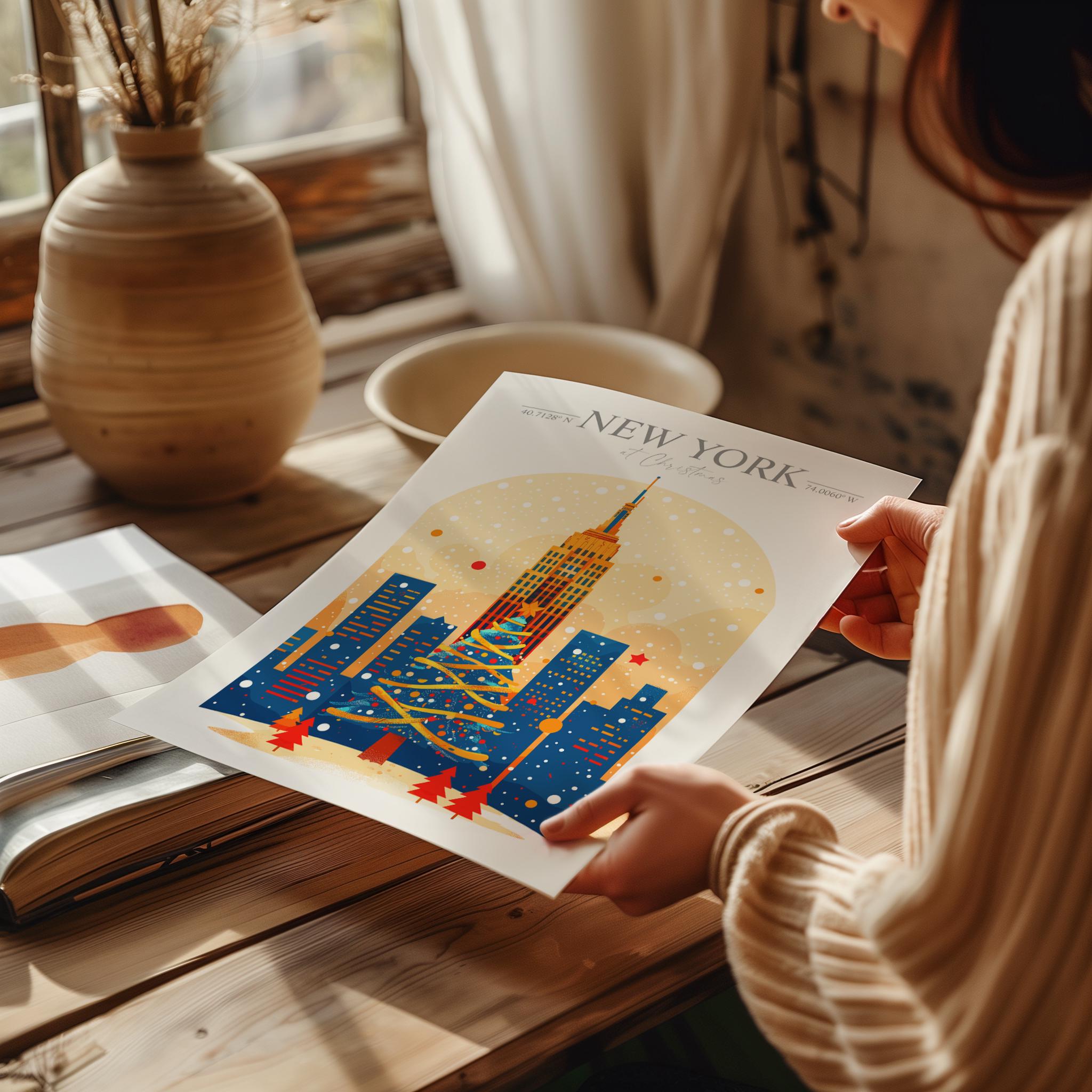 New York Christmas Skyline Travel Poster Wall Art, New York Skyline Travel Print, New York City, US City Art, New York Art Lovers Gift NQ Media Designs