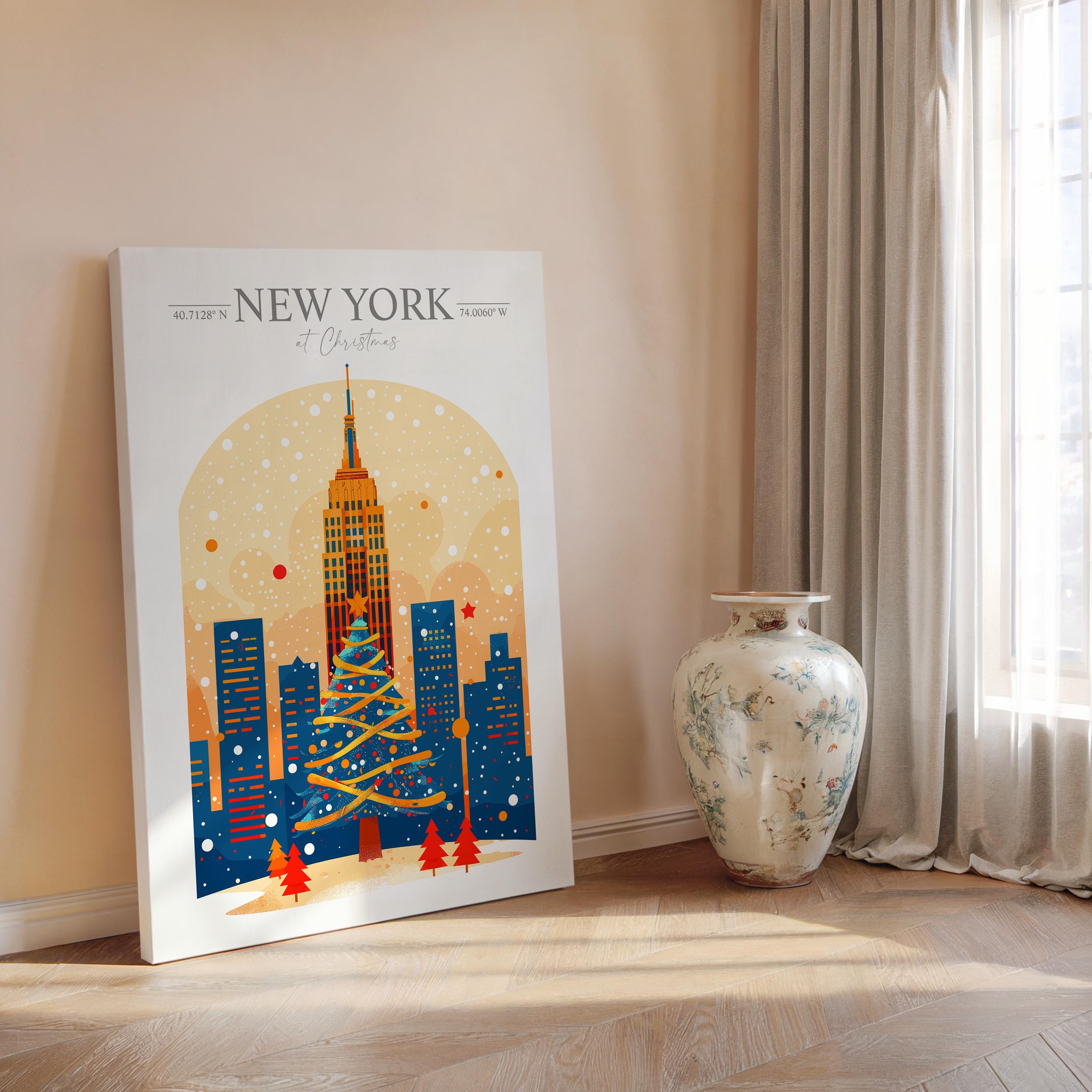 New York Christmas Skyline Travel Poster Wall Art, New York Skyline Travel Print, New York City, US City Art, New York Art Lovers Gift NQ Media Designs
