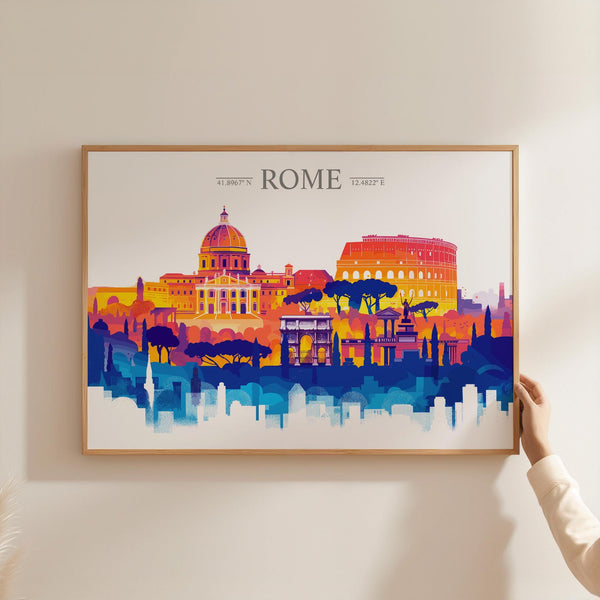 Rome Travel Poster Skyline Wall Art Landscape, Travel Print of Rome, Rome Art Lovers Gift,Italy Horizontal Art Gift