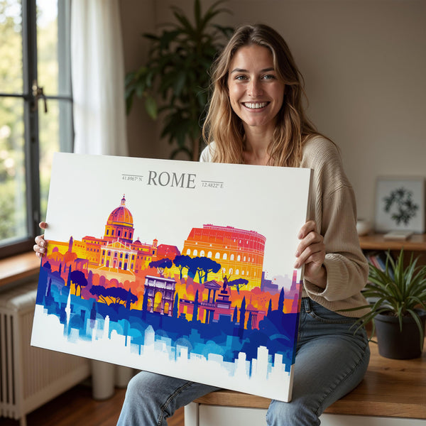 Rome Travel Poster Skyline Wall Art Landscape, Travel Print of Rome, Rome Art Lovers Gift,Italy Horizontal Art Gift