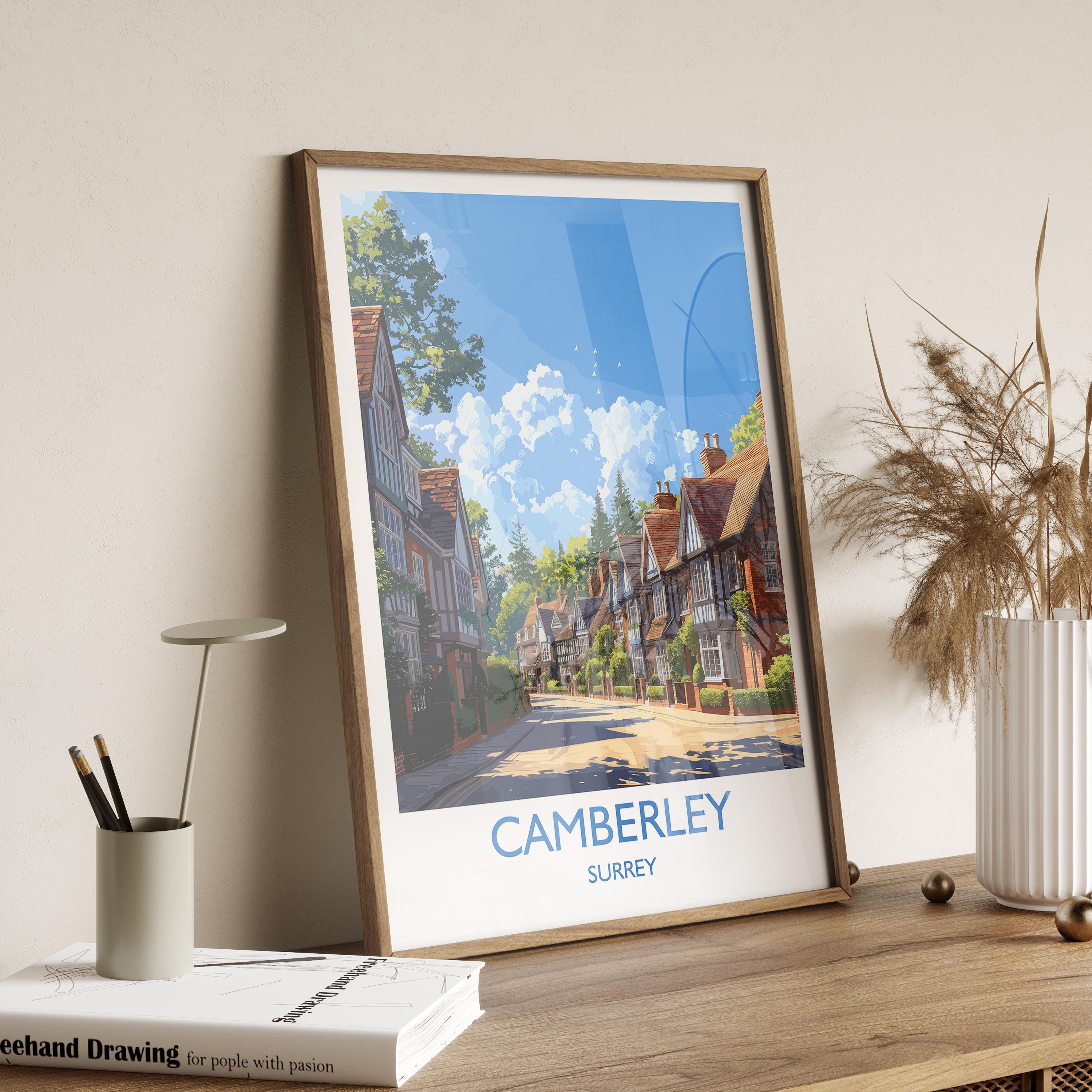 Camberley Travel Print, Travel Poster of Camberley, Surrey Poster, Camberley Art Gift, London Art Lovers UK Travel Gift NQ Media Designs