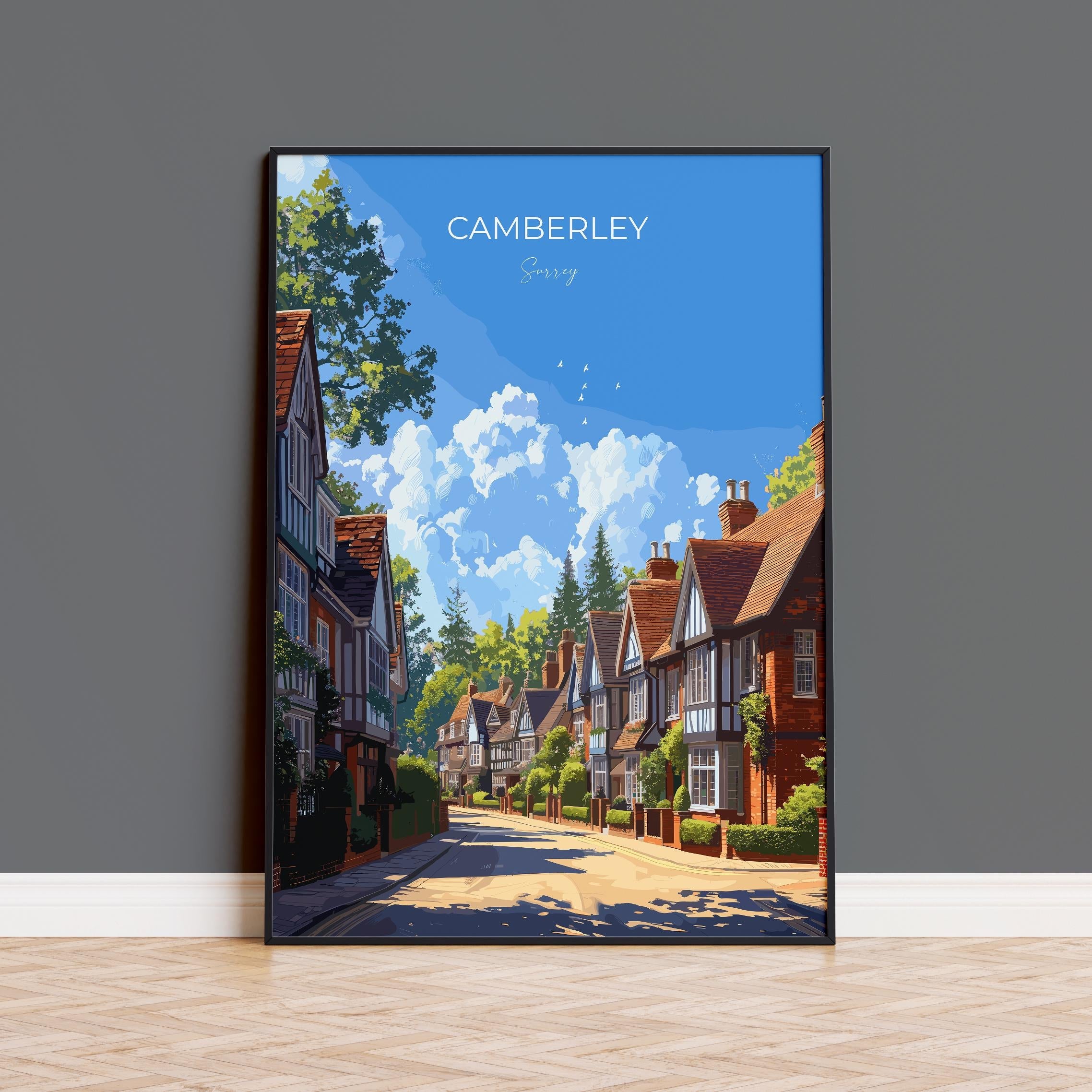 Camberley Travel Poster, Travel Print of Camberley, Surrey Poster, Camberley Art Gift, London Art Lovers UK Travel Gift NQ Media Designs