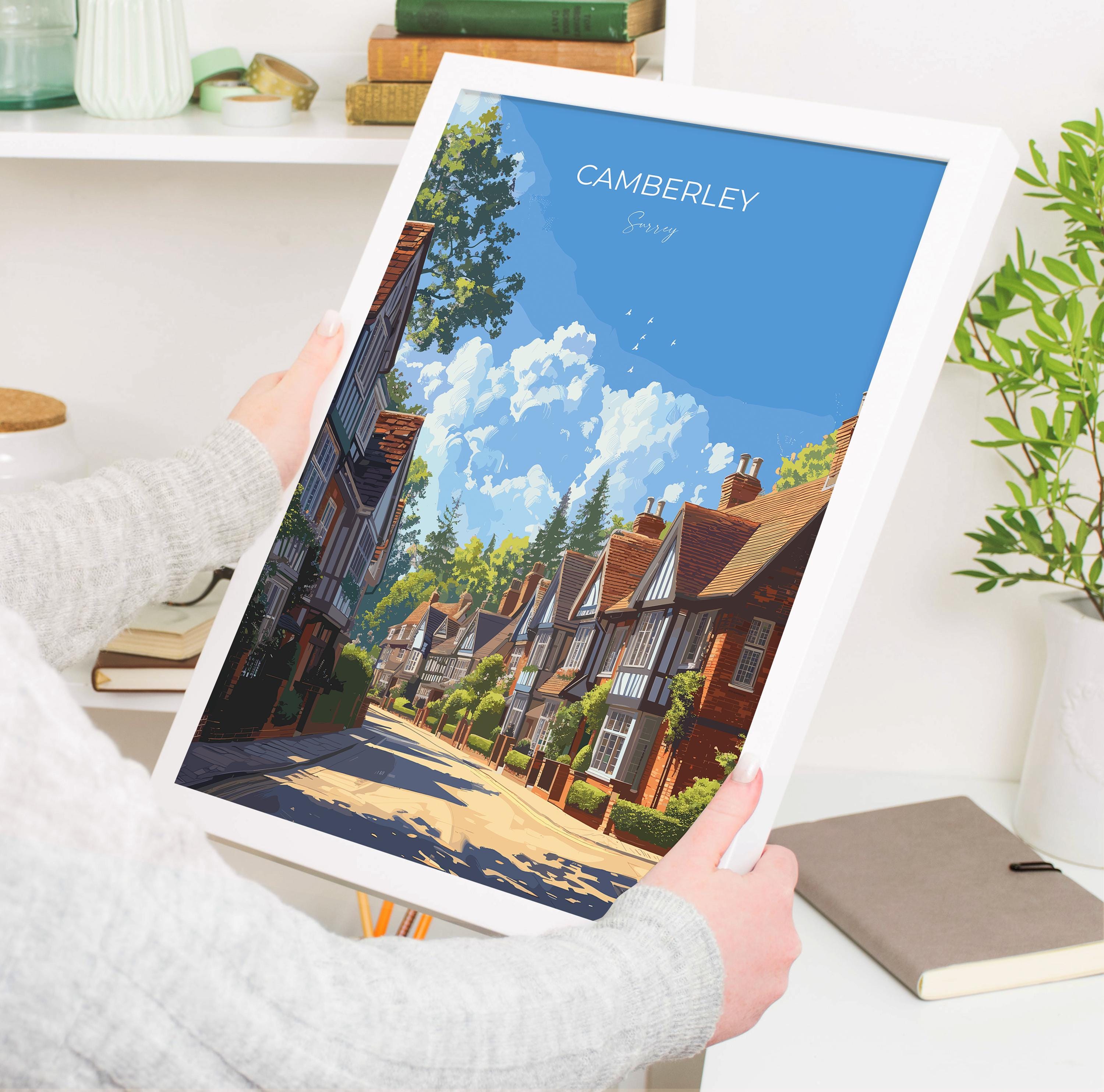 Camberley Travel Poster, Travel Print of Camberley, Surrey Poster, Camberley Art Gift, London Art Lovers UK Travel Gift NQ Media Designs