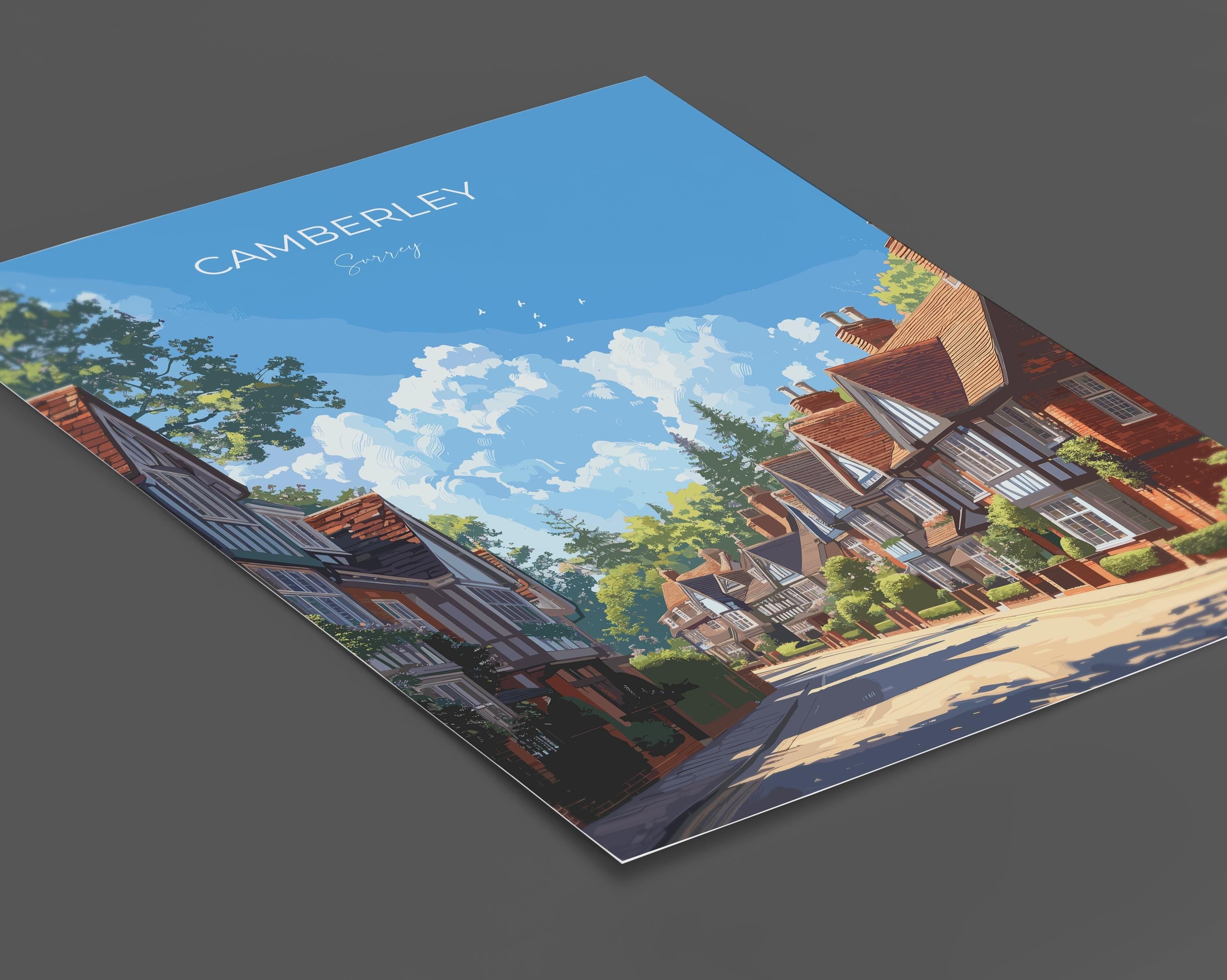 Camberley Travel Poster, Travel Print of Camberley, Surrey Poster, Camberley Art Gift, London Art Lovers UK Travel Gift NQ Media Designs