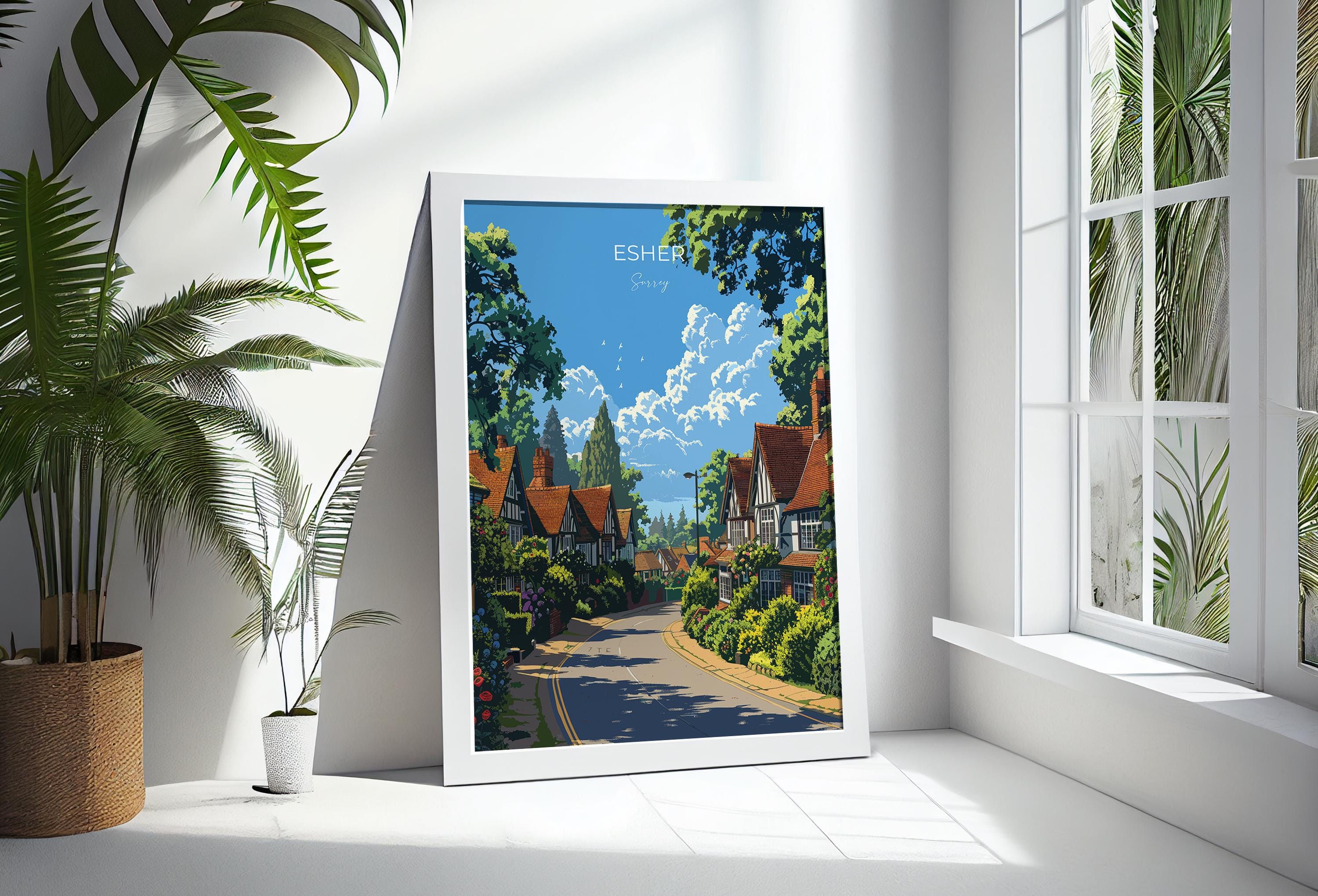 Esher Travel Poster, Travel Print of Esher, Surrey Poster, Esher Wall Art Gift, London Art Lovers UK Travel Gift NQ Media Designs