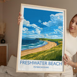 Freshwater Beach Travel Print, Travel Poster of Freshwater Beach, Wales, Pembrokeshire Art Gift, Wales Art Lovers Gift, Wall Art Print NQ Media Designs